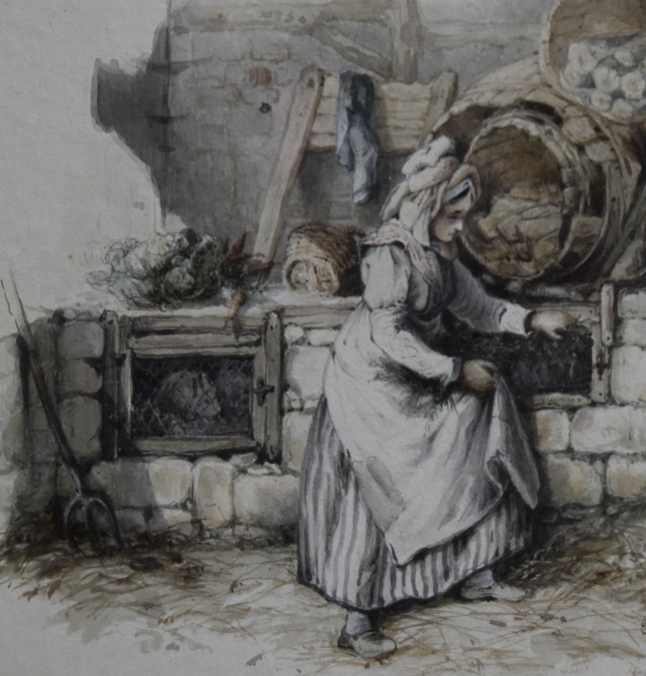 Eugene Louis Lami Figurative Art - Attributed to Eugène Lami (1800-1890) A Maid feeding rabbits,  Watercolor 