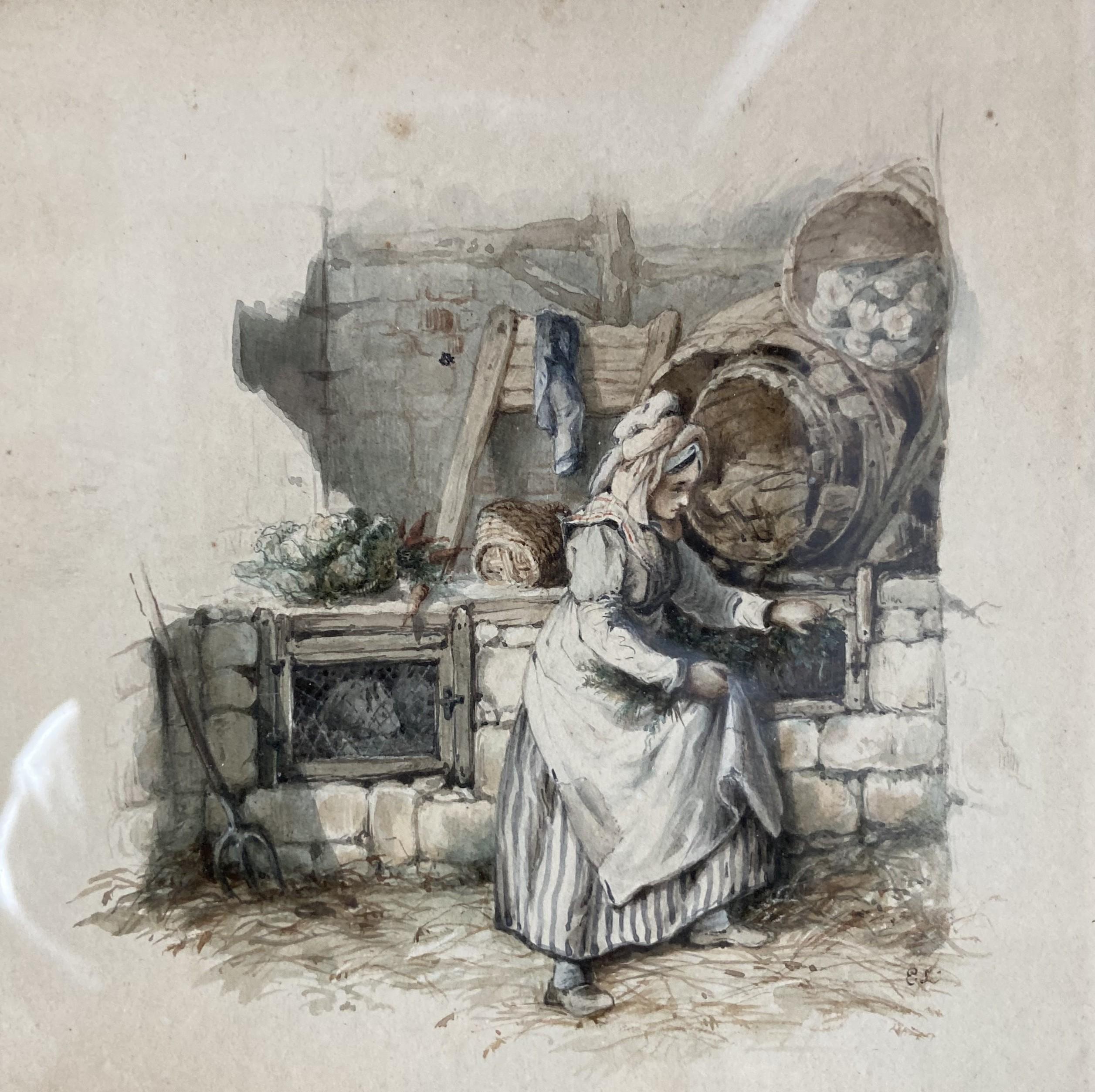Attributed to Eugène Lami (1800-1890) A Maid feeding rabbits,  Watercolor  - Art by Eugene Louis Lami