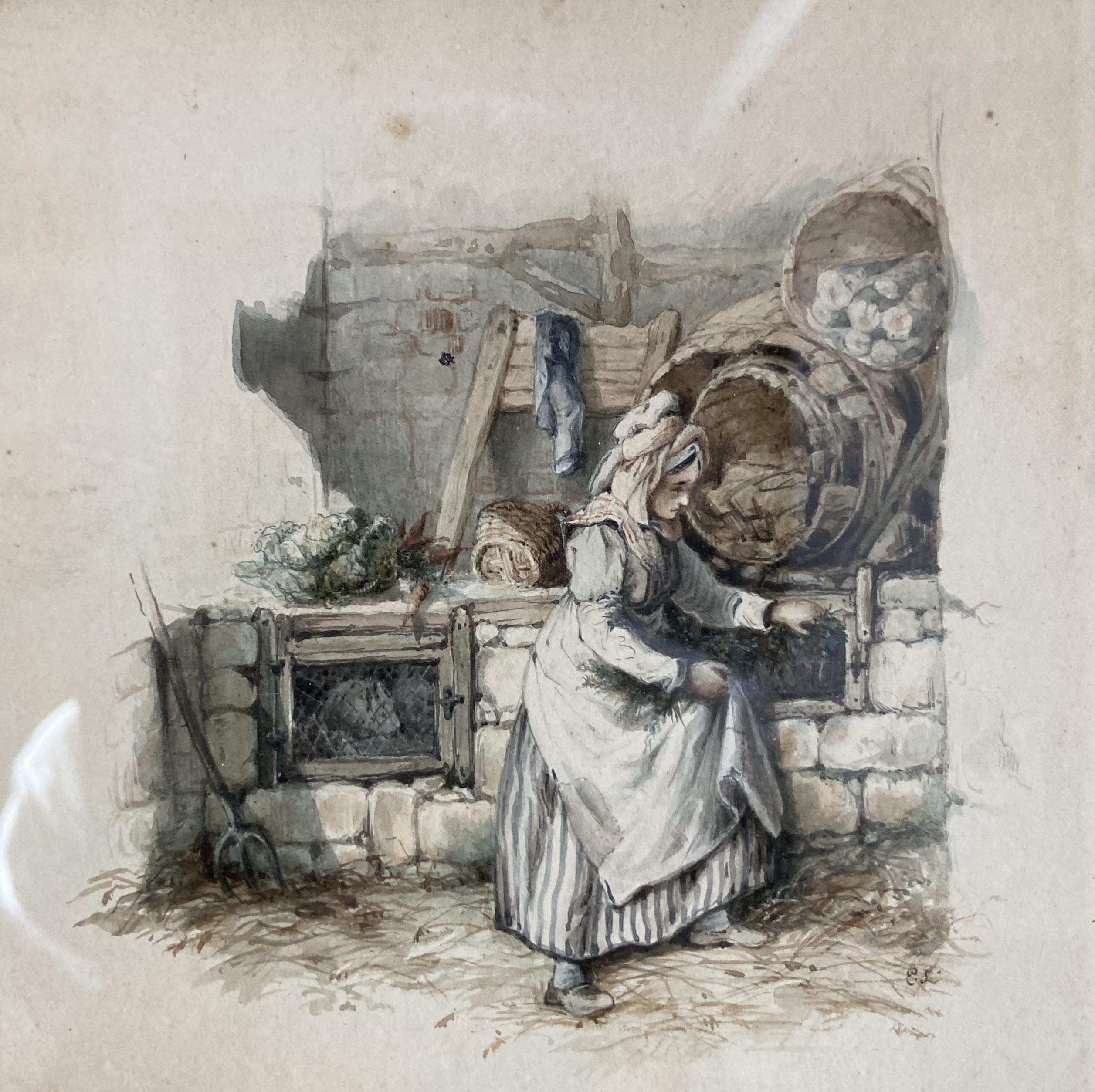 Attribué à Eugène Lamy (1800-1890) Une servante nourrissant des lapins,  Aquarelle