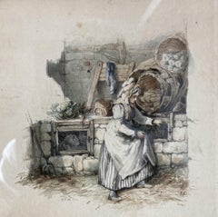 Attribuito a Eugène Lami (1800-1890) Una domestica che dà da mangiare ai conigli,  Acquerello