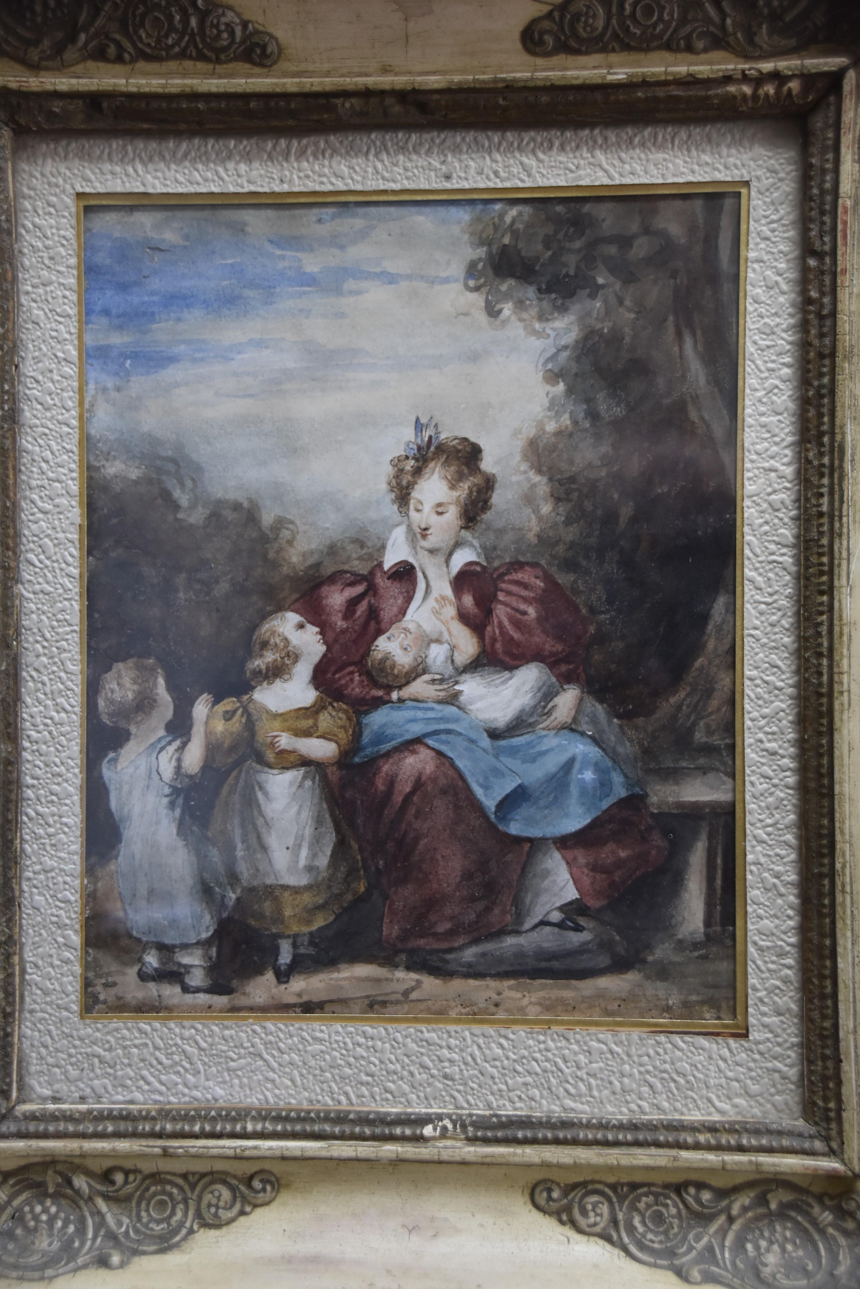 Eugène Devéria (1805-1865) zugeschrieben La famille heureuse, Aquarell (Romantik), Art, von Eugene Deveria