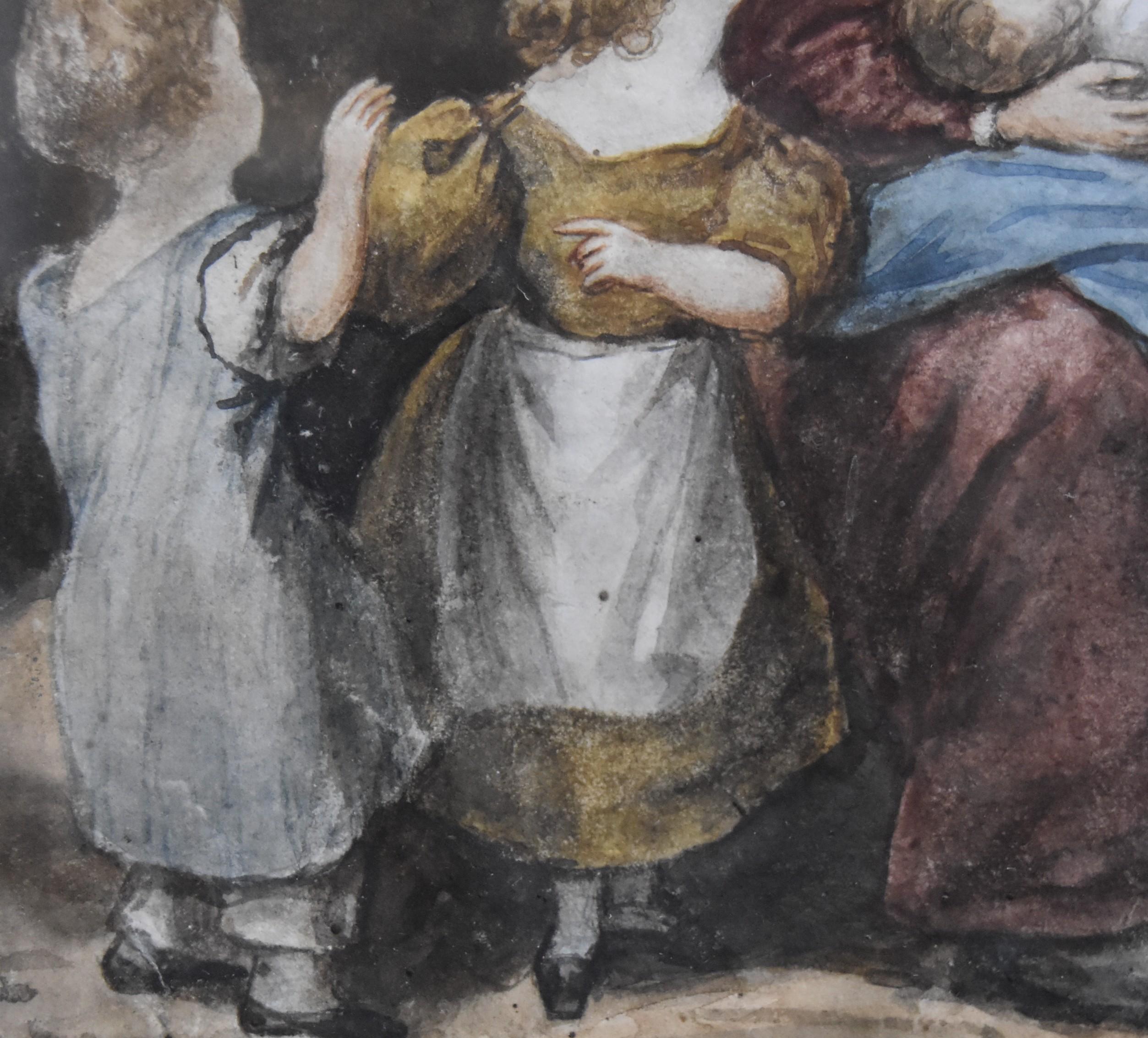 Zugeschrieben an Eugène Devéria (1805-1865) 
La Famille heureuse (Die glückliche Familie)
Aquarell auf Papier
23 x 18 cm
In recht gutem Zustand: ein kleiner Riss im oberen linken Rand und ein weiterer im unteren linken Rand (siehe Detailfotos)
In
