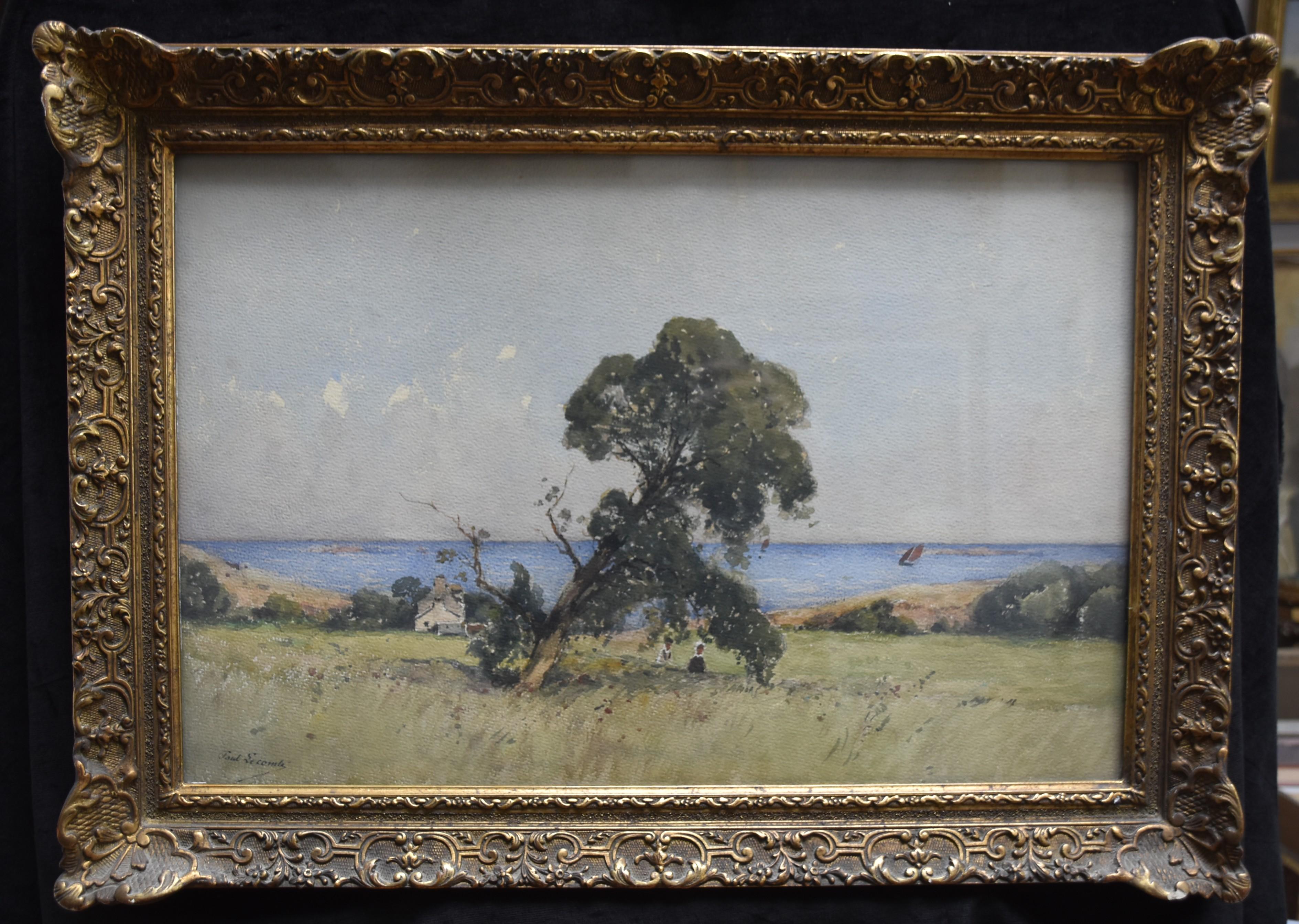 Paul Lecomte (1842-1920)
A Brittany Landscape
Watercolor on paper,
32 x 50 cm
Signed lower left
Vintage frame  :  43.5 x 61 cm, as visible on the detail photographs two lacks in the moulding of the frame, one in the upper left and a small one in the