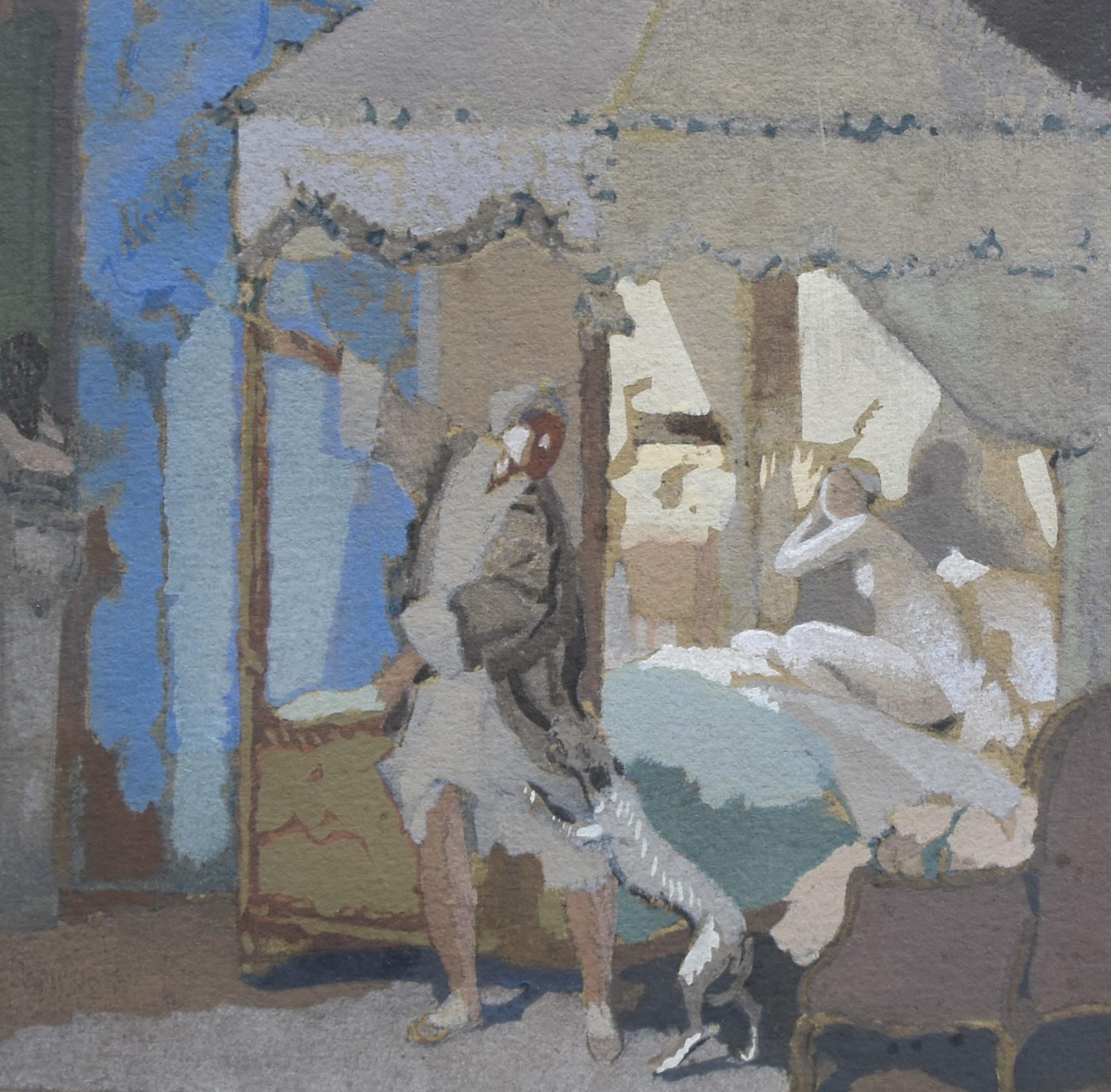 Guirand de Scevola  (1871-1950) Two lovers surprised by a dog, gouache - Art Deco Art by Lucien-Victor Guirand de Scévola