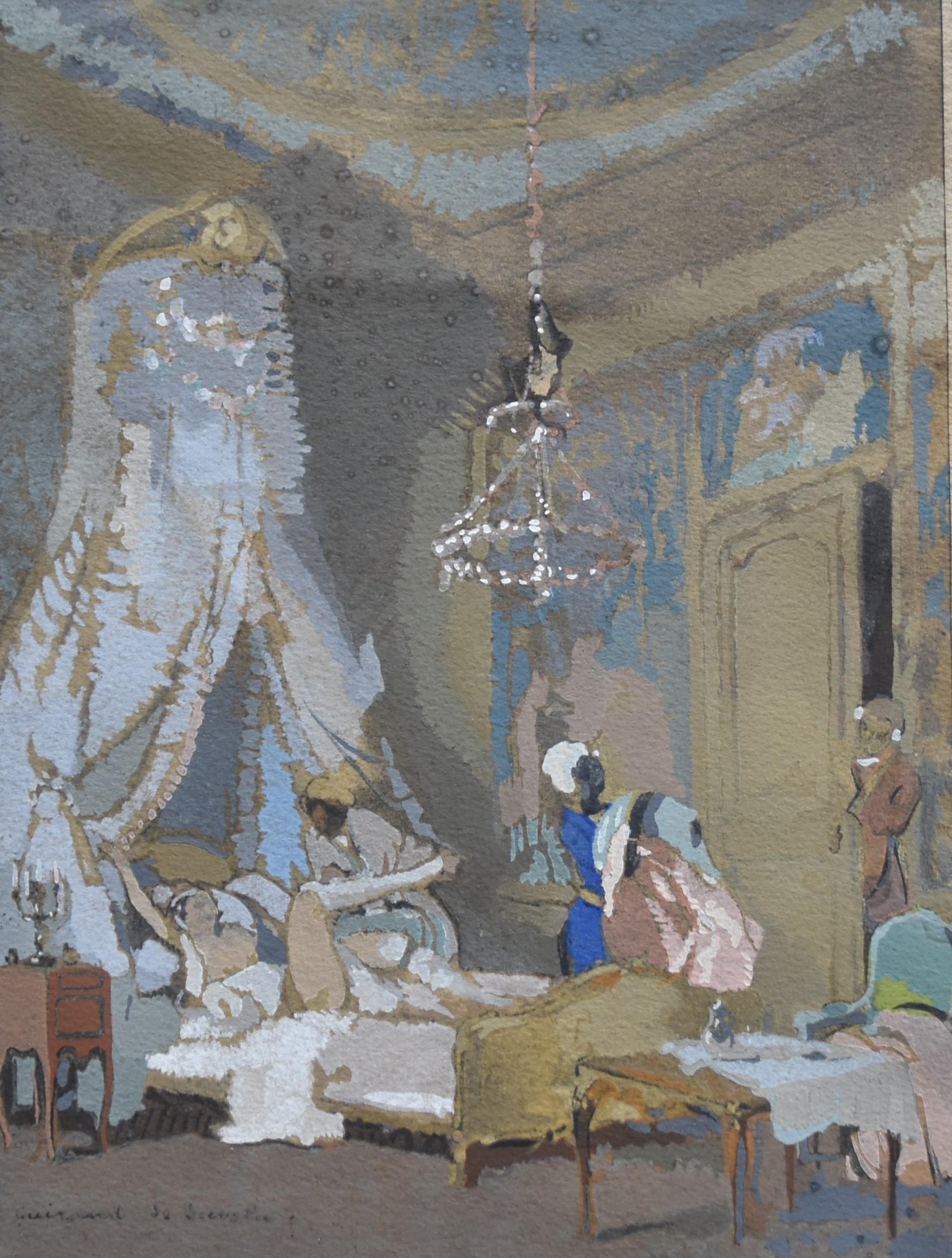 Lucien-Victor Guirand de Scévola Figurative Art - Guirand de Scevola  (1871-1950) Le lever, a galant scene, gouache