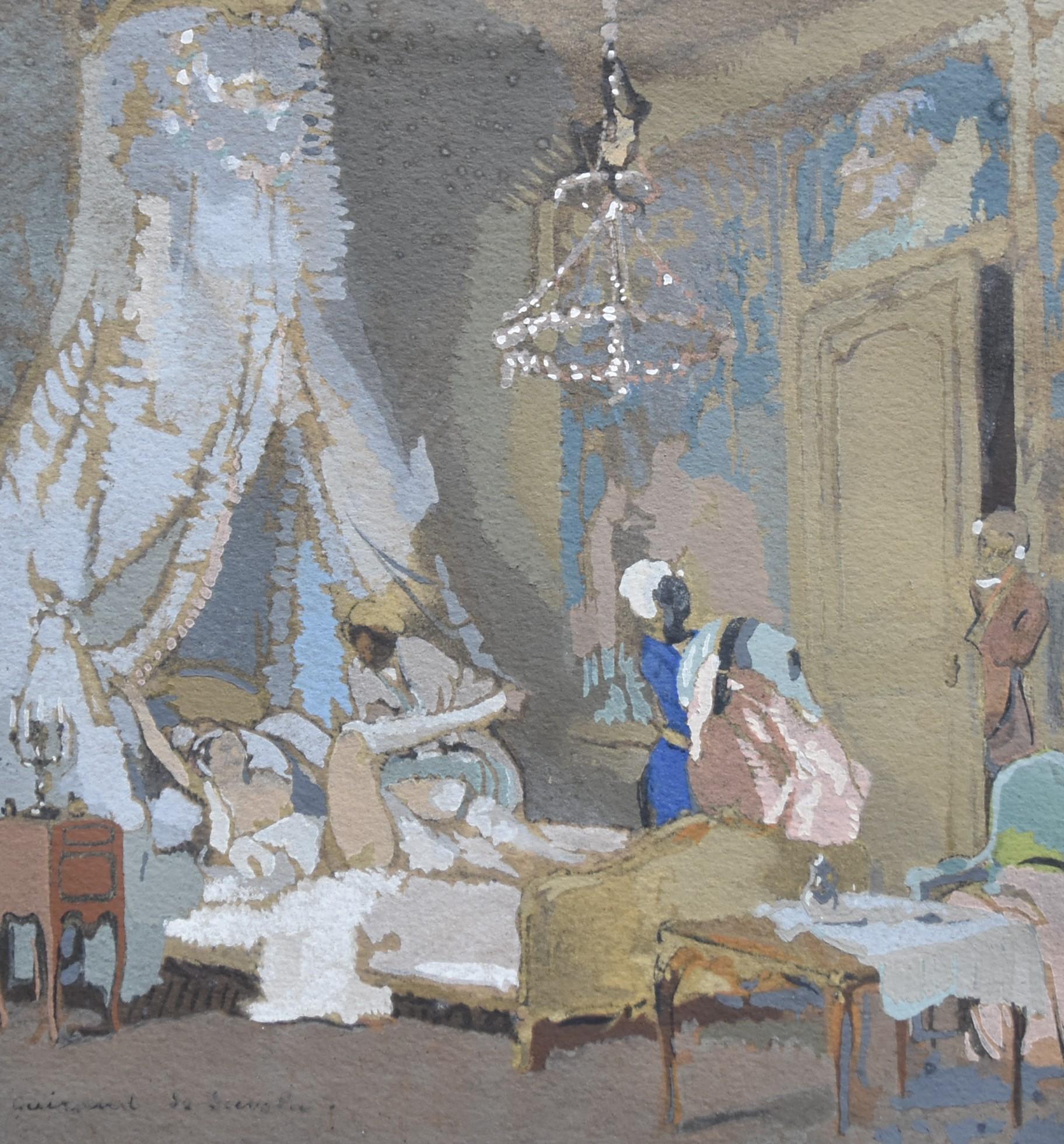 Guirand de Scevola  (1871-1950) Le lever, a galant scene, gouache - Art by Lucien-Victor Guirand de Scévola