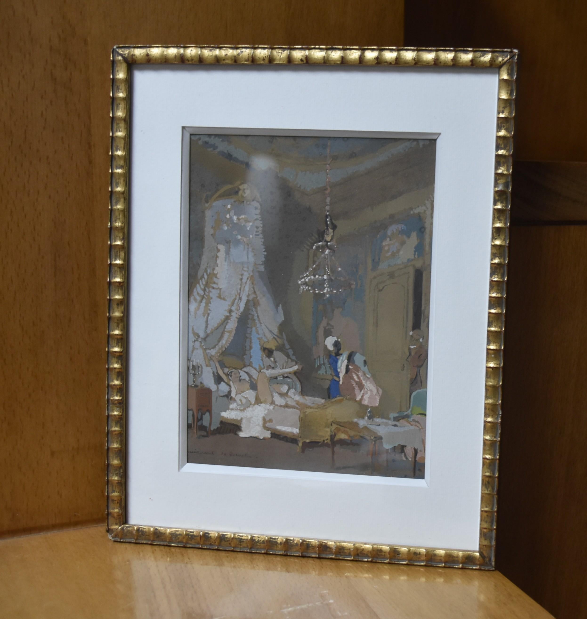 Guirand de Scevola  (1871-1950) Le lever, a galant scene, gouache - Gray Figurative Art by Lucien-Victor Guirand de Scévola