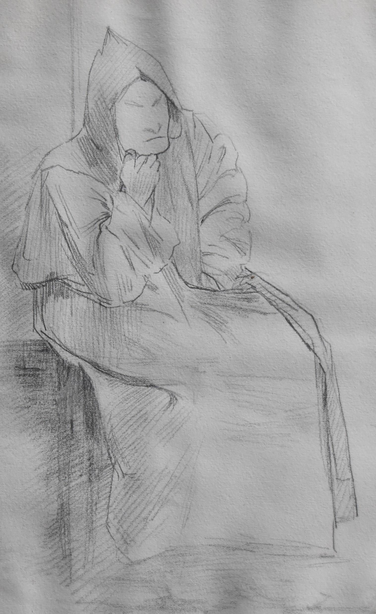 Jean-Pierre Laurens (1875-1932) A monk, study, original drawing 3