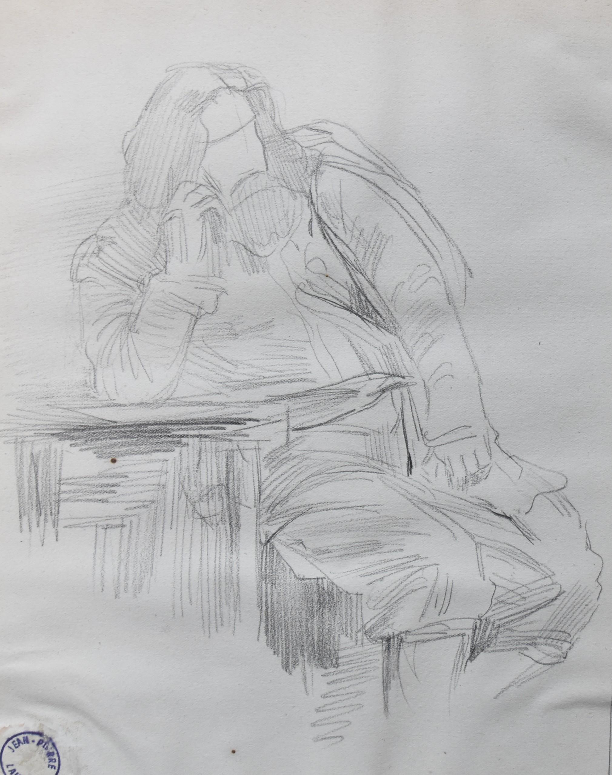 Jean-Pierre Laurens (1875-1932) Estudio de un hombre barbudo sentado, dibujo original en venta 1