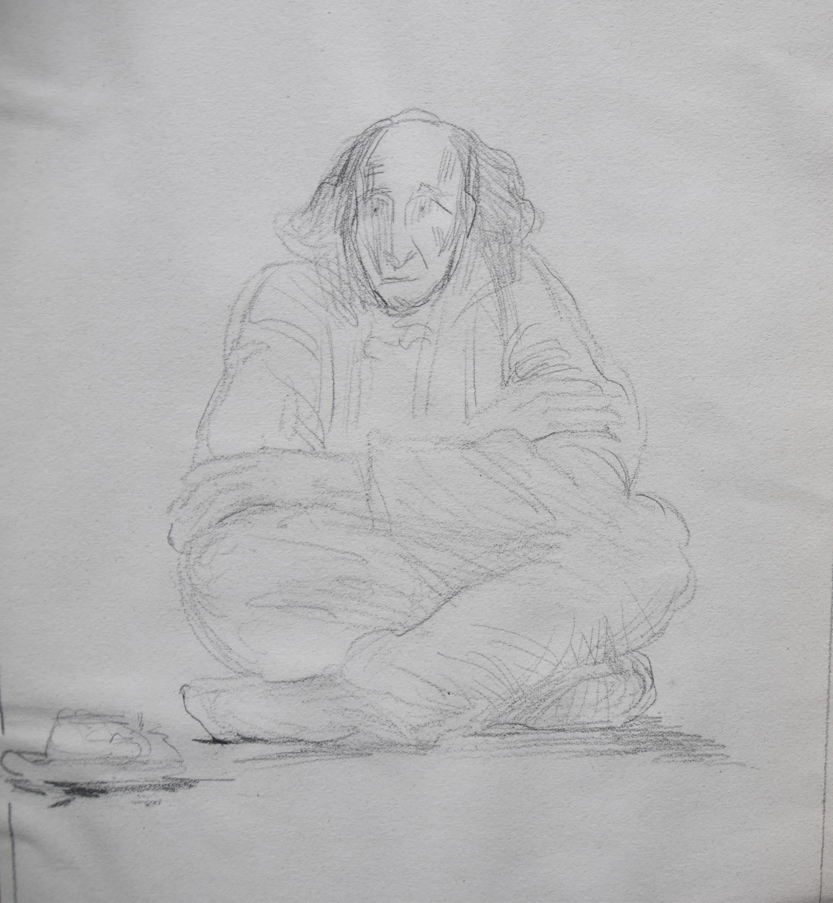 Jean-Pierre Laurens (1875-1932) 
Study of a sitting beggar,
Pencil on paper
25.5 x 20.5 cm
Stamp of the Jean-Pierre Laurens Estate on the lower right
In quite good condition : glued on the four corners, the sheet is undulating as visible on the