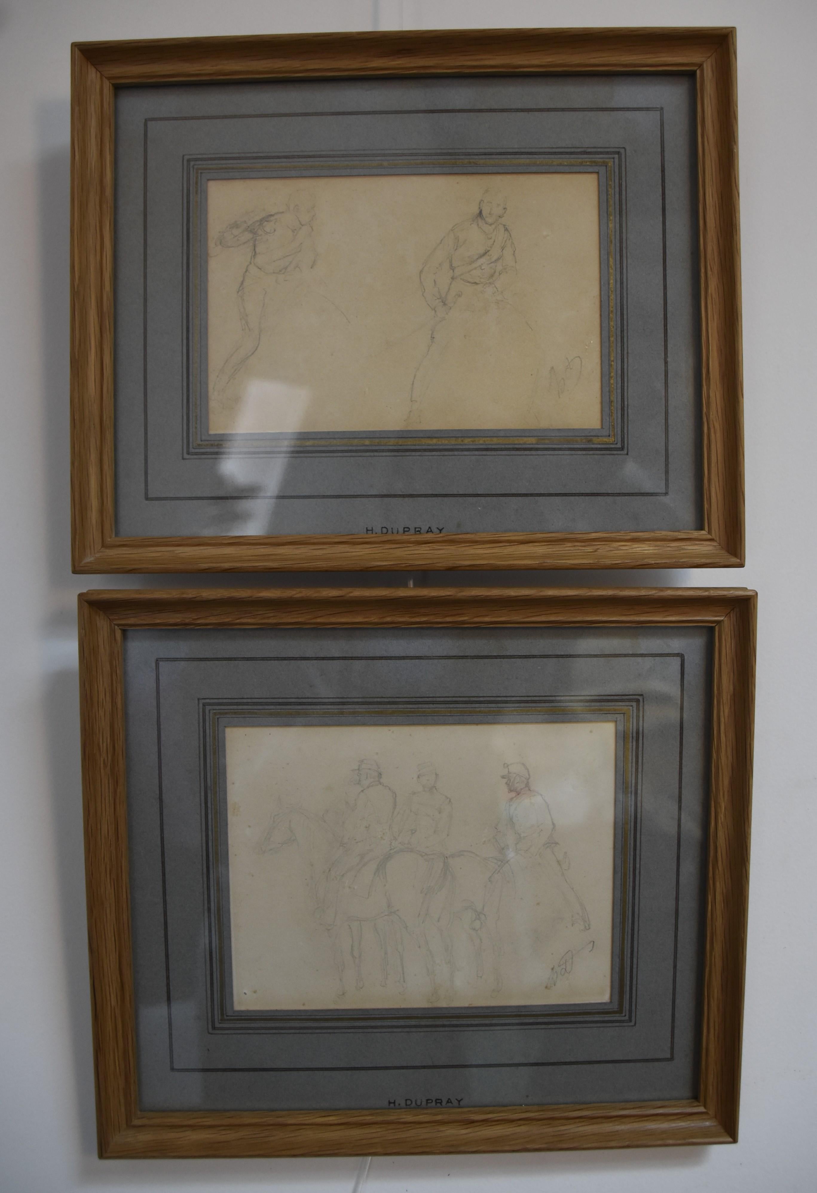 Henri-Louis Dupray (1841-1909) 
Studies of military horsemen, two signed drawings
Pencil on paper
The first one figuring a partial study of two horsemen : 
10.8 x 16.5 cm, bears a monogramm signature lower right, in quite good condition, yellowed by