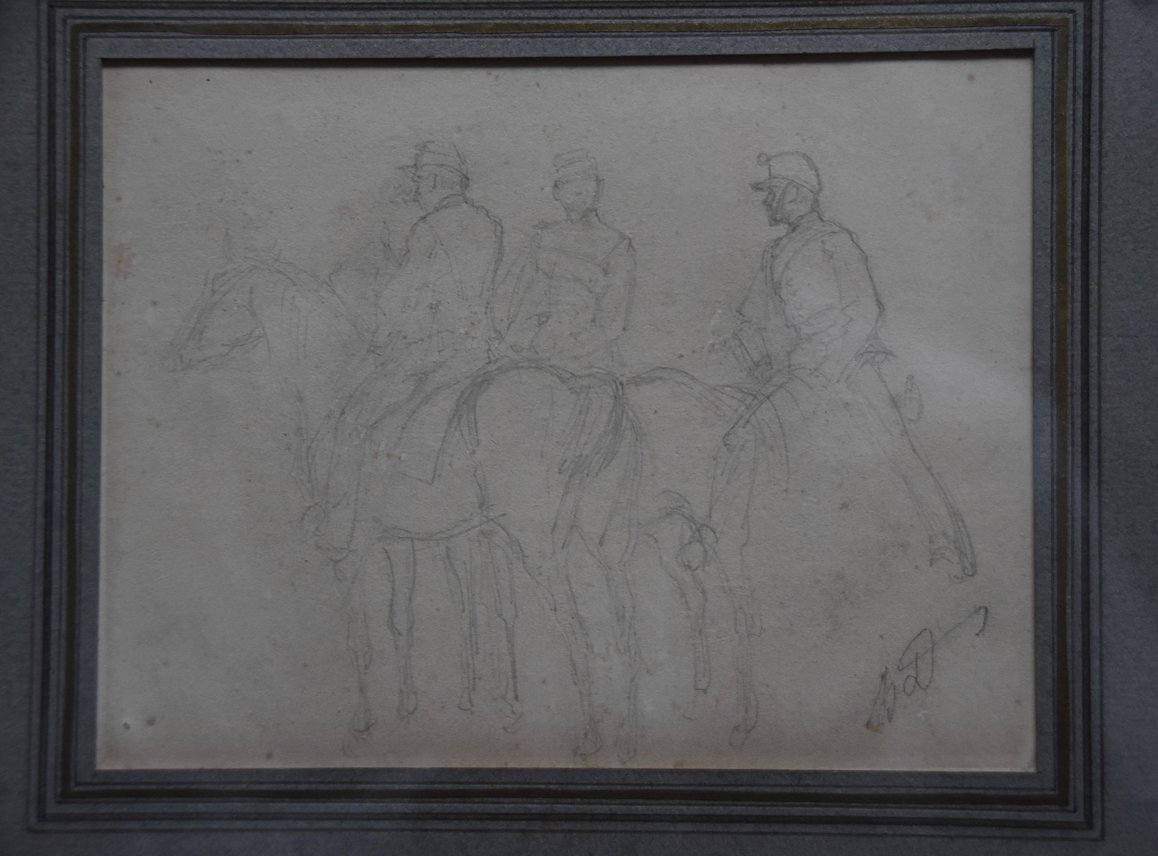 Henri-Louis Dupray (1841-1909) 
Études de cavaliers militaires, deux dessins signés
Crayon sur papier
La première figure une étude partielle de deux cavaliers : 
10,8 x 16,5 cm, porte une signature monogramme en bas à droite, en assez bon état,