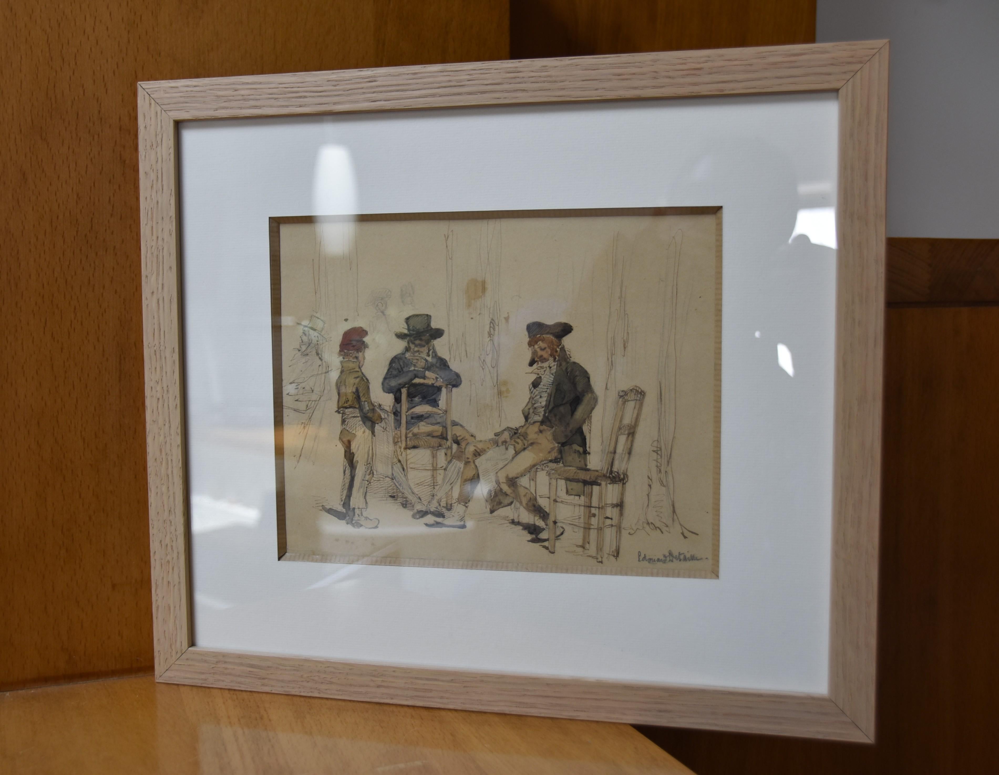 Edouard Detaille (1848-1912)
Le jeune livreur de journaux
16.5 x 20,5 cm 
Aquarelle et encre brune sur papier
Signé en bas à droite
En bon état, le papier est légèrement jauni par le temps, quelques taches d'origine.
Cadre moderne : 30.5  x 35 cm