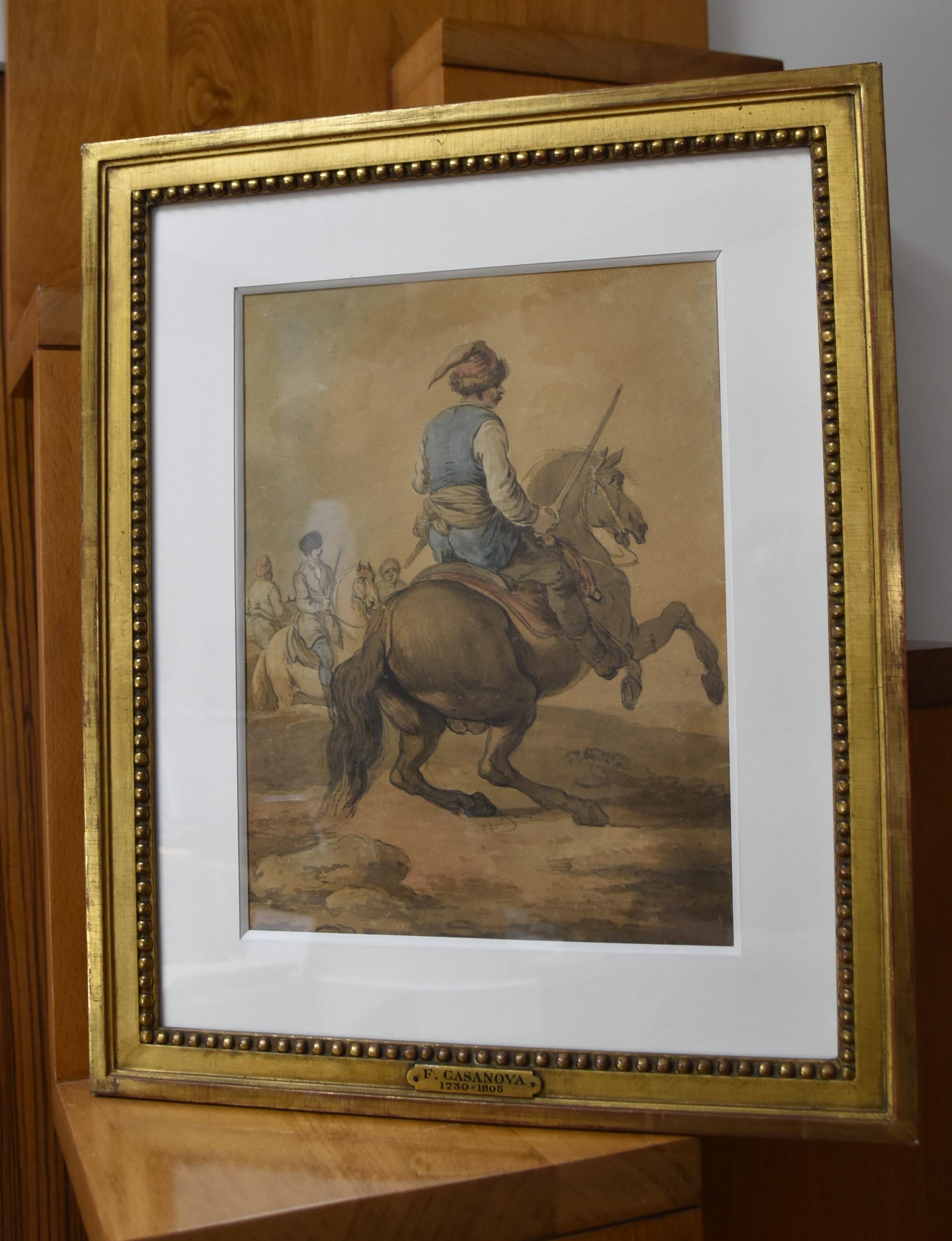 Attributed to Francesco Casanova (1727-1803), 
A Mamluk fighting on his horse, 
watercolor and ink on paper
35 x 26 cm
In quite good condition : yellowed by time as visible on the photographs.

Vintage frame with little damages (see photographs