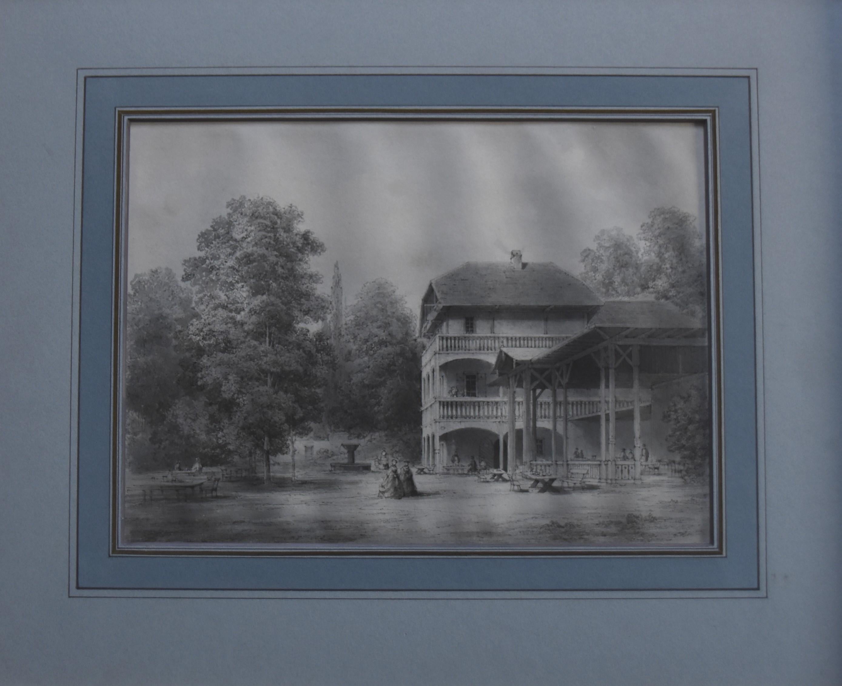 Romantische Schule des 19. Jahrhunderts, Ein Pavillon in einem Garten, Originalzeichnung (Romantik), Art, von Unknown