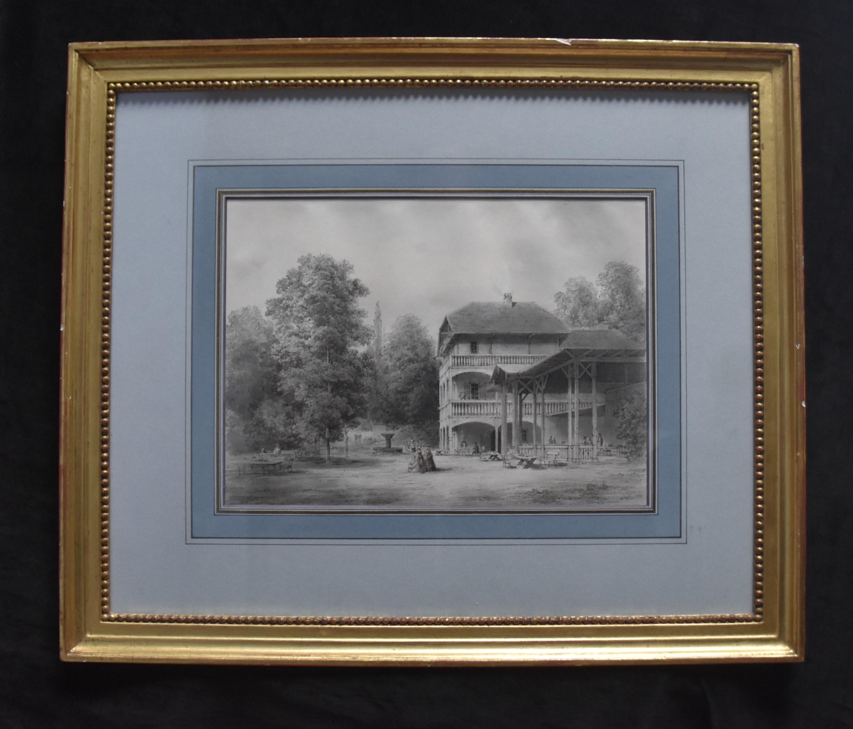 Romantische Schule des 19. Jahrhunderts, Ein Pavillon in einem Garten, Originalzeichnung – Art von Unknown