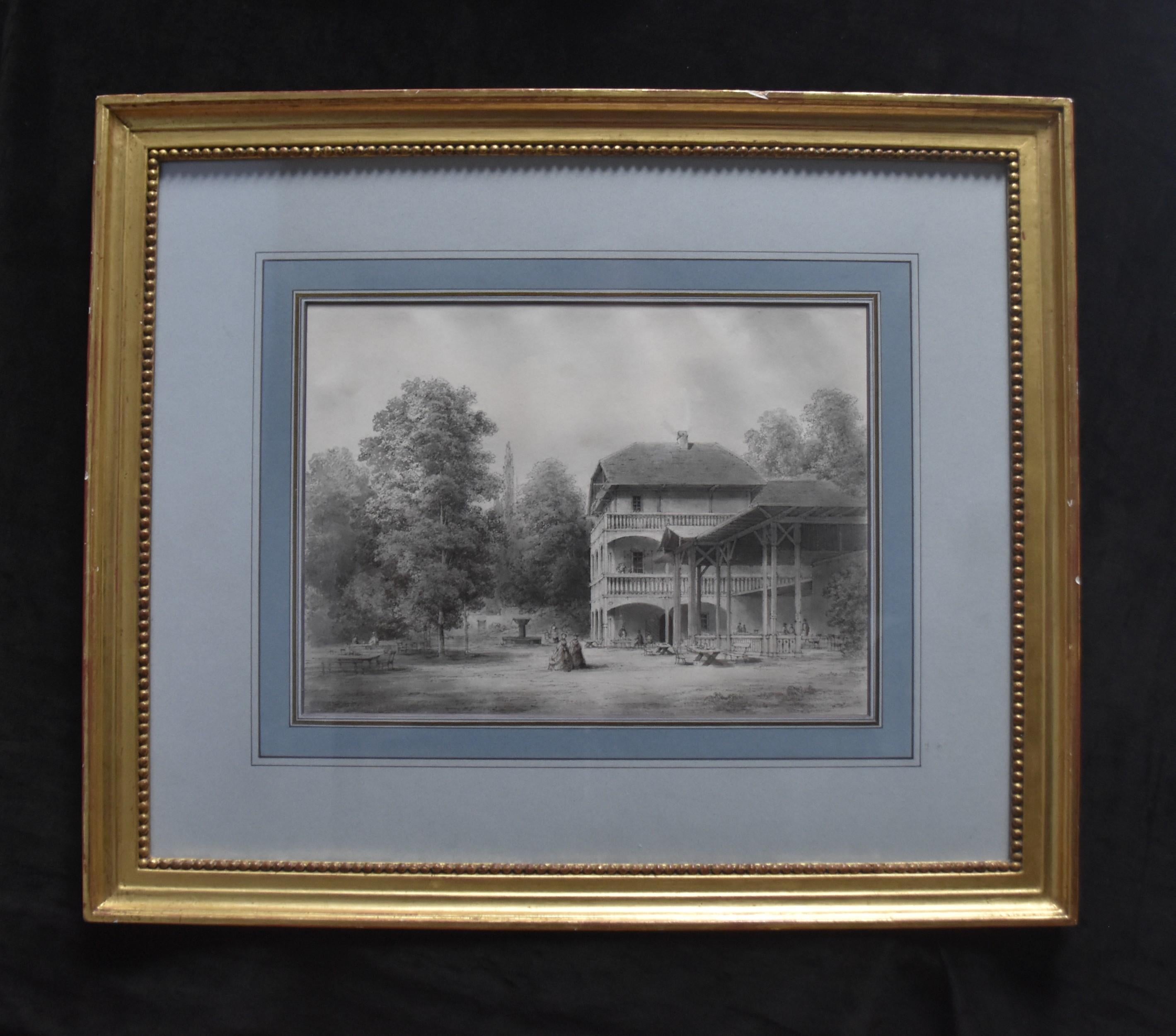 19th Century Romantic school, A Pavilion in a garden, original drawing For Sale 4