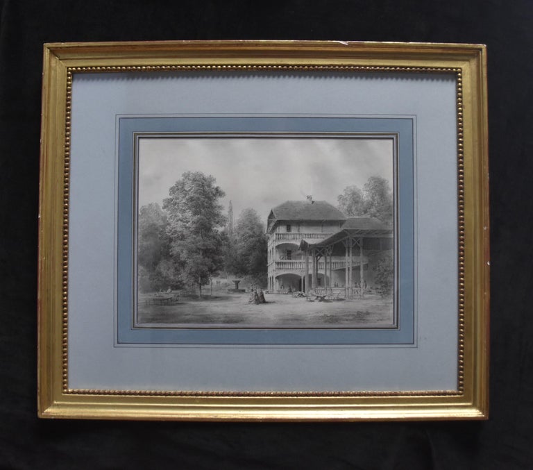 19th Century Romantic school, A Pavilion in a garden, original drawing For Sale 5