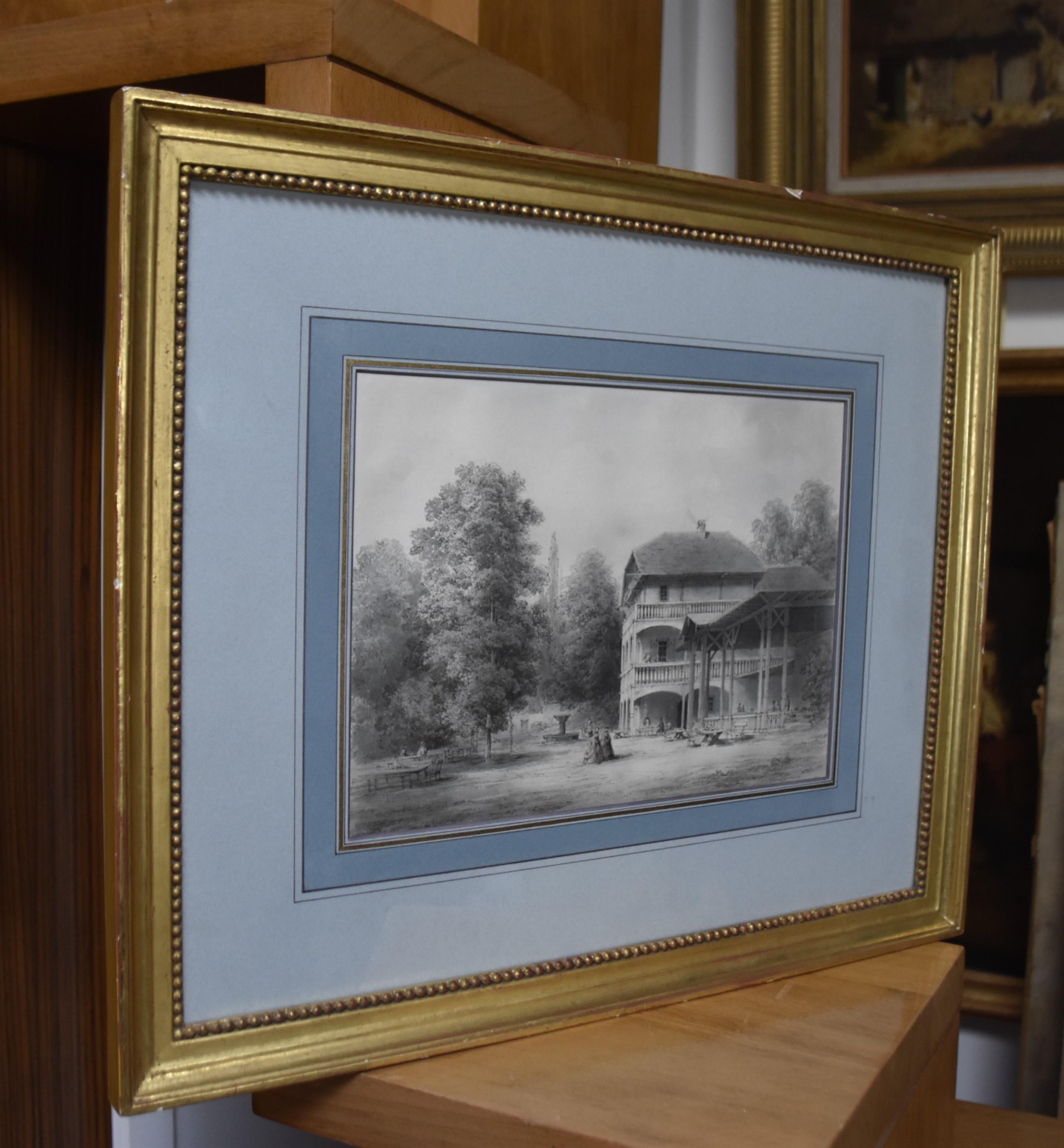 19th Century Romantic school, A Pavilion in a garden, original drawing For Sale 8