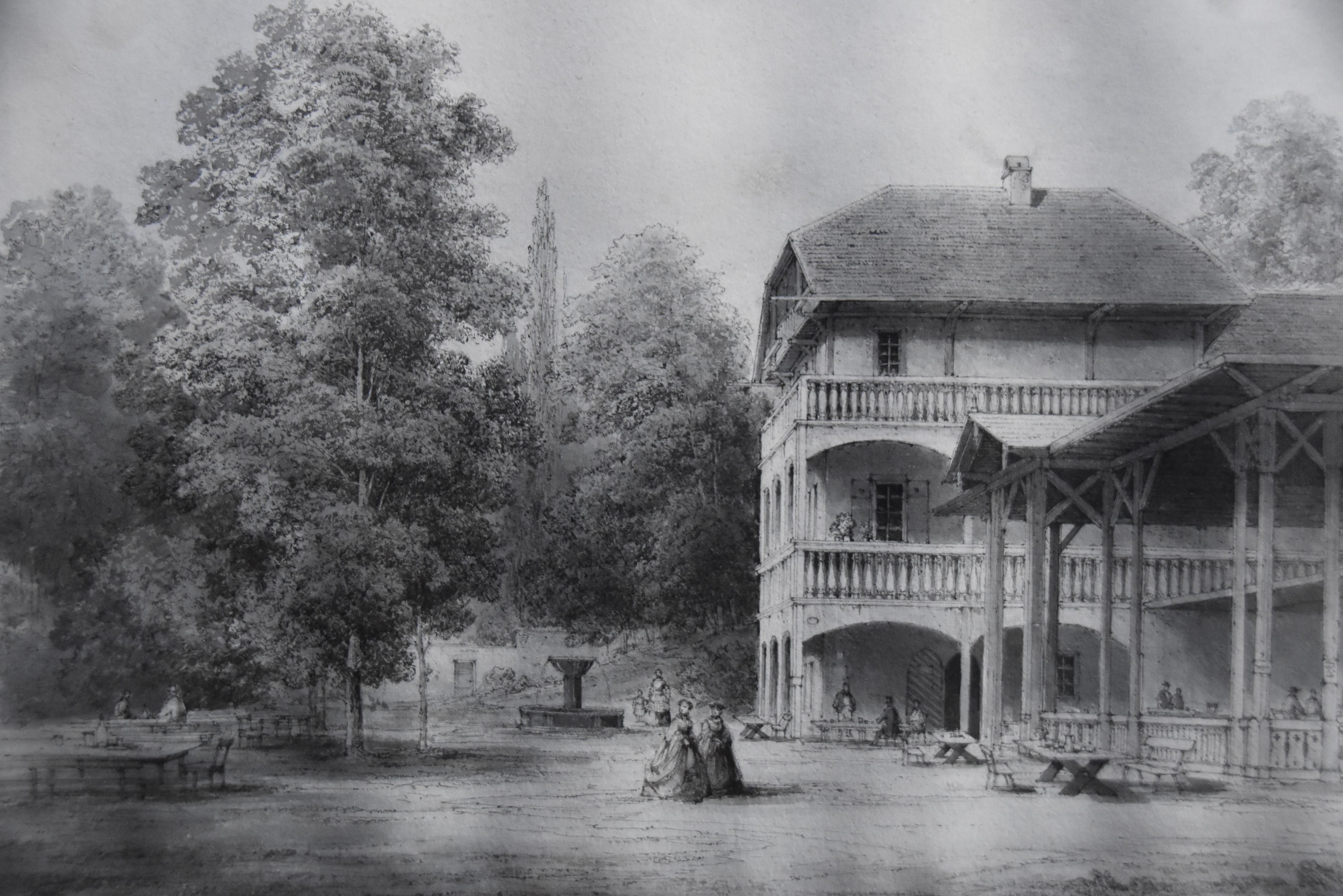 19th Century Romantic school, A Pavilion in a garden, original drawing For Sale 2