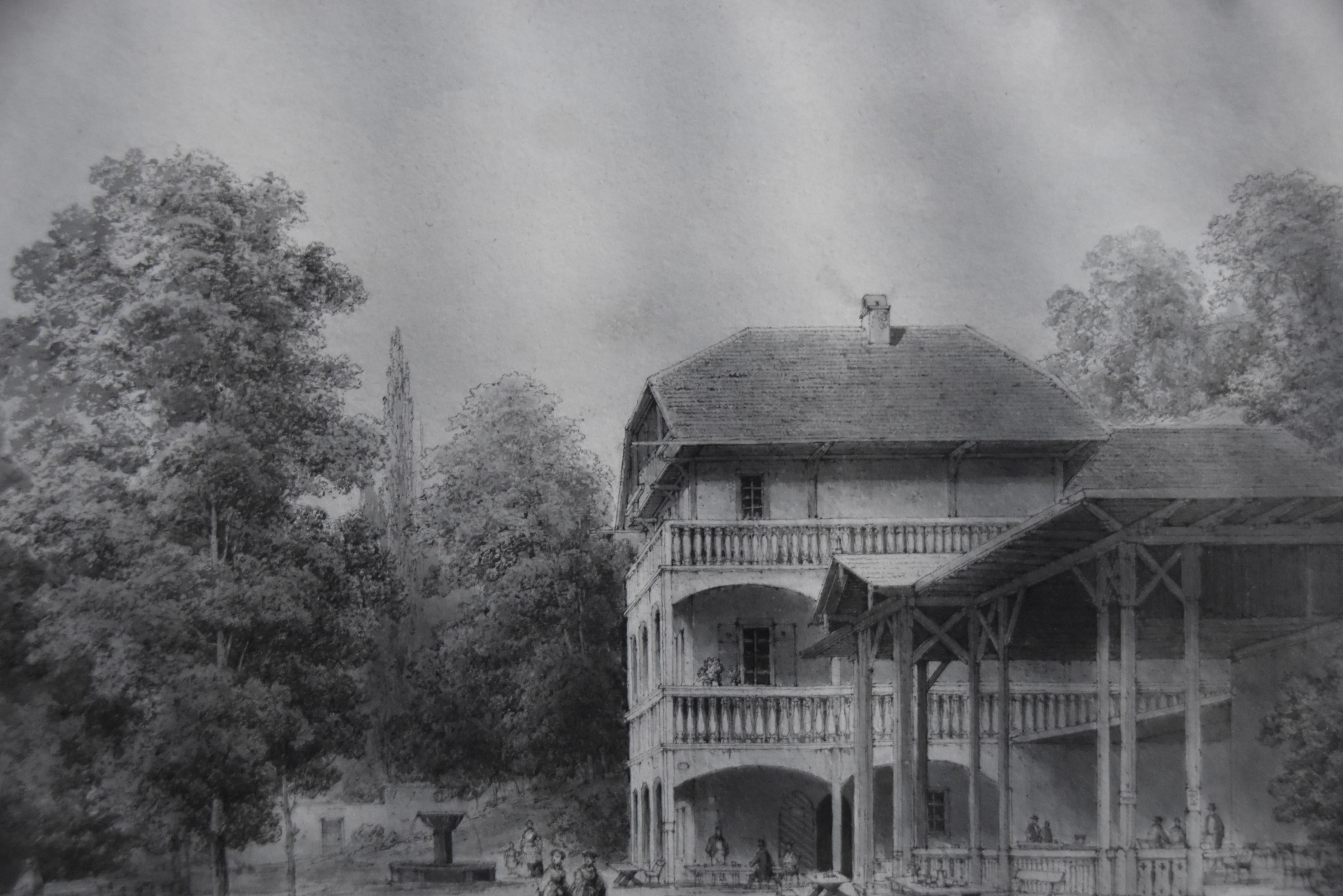19th Century Romantic school, A Pavilion in a garden, original drawing For Sale 1