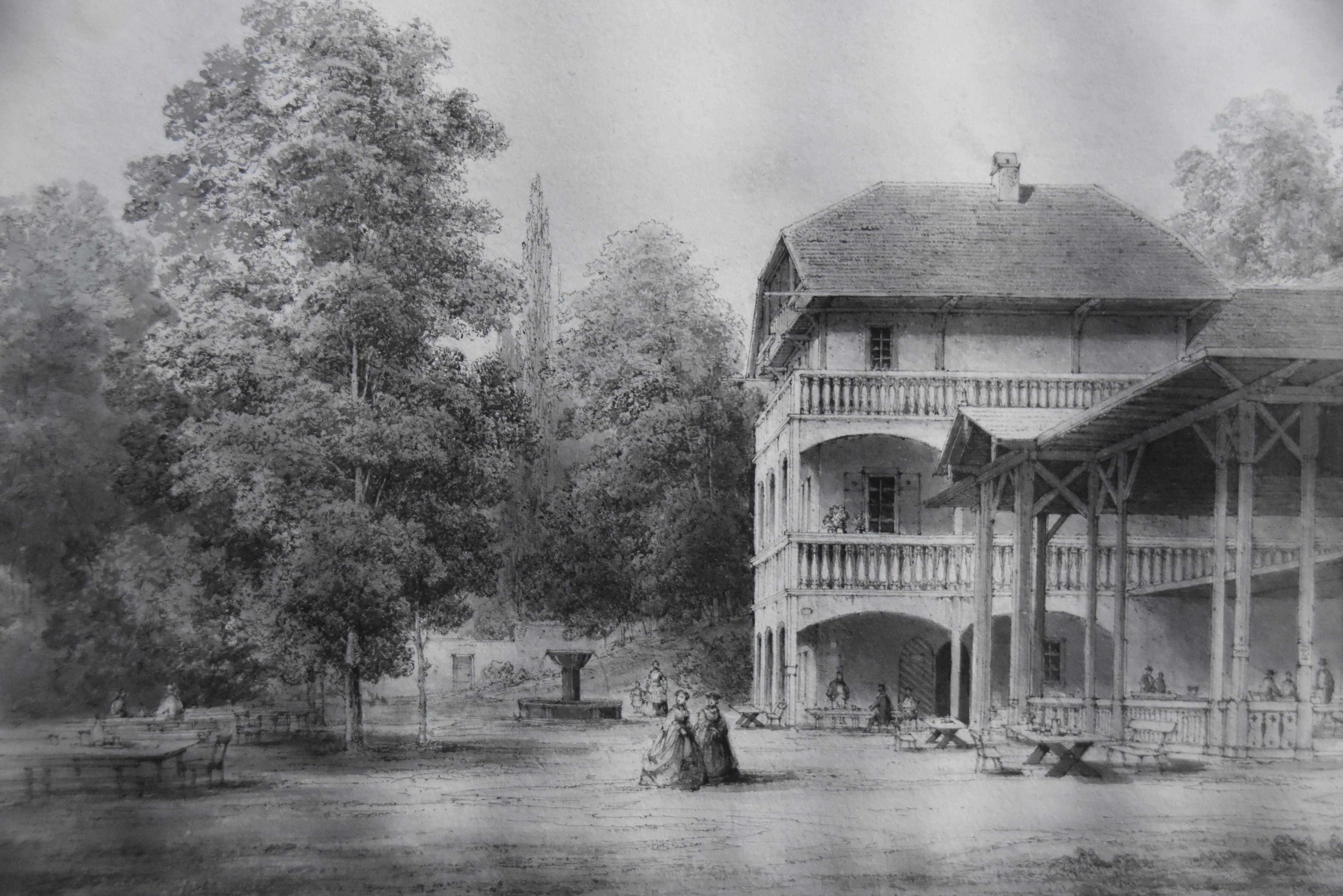 Romantic School, circa 1860
A pavilion in a garden , an animated view
Pen and black ink, black ink wash on paper
19.5 x 26.5 cm
In good condition, slightly undulating.
Framed : 39 x 47 cm (some damages to the frame as visible on the
