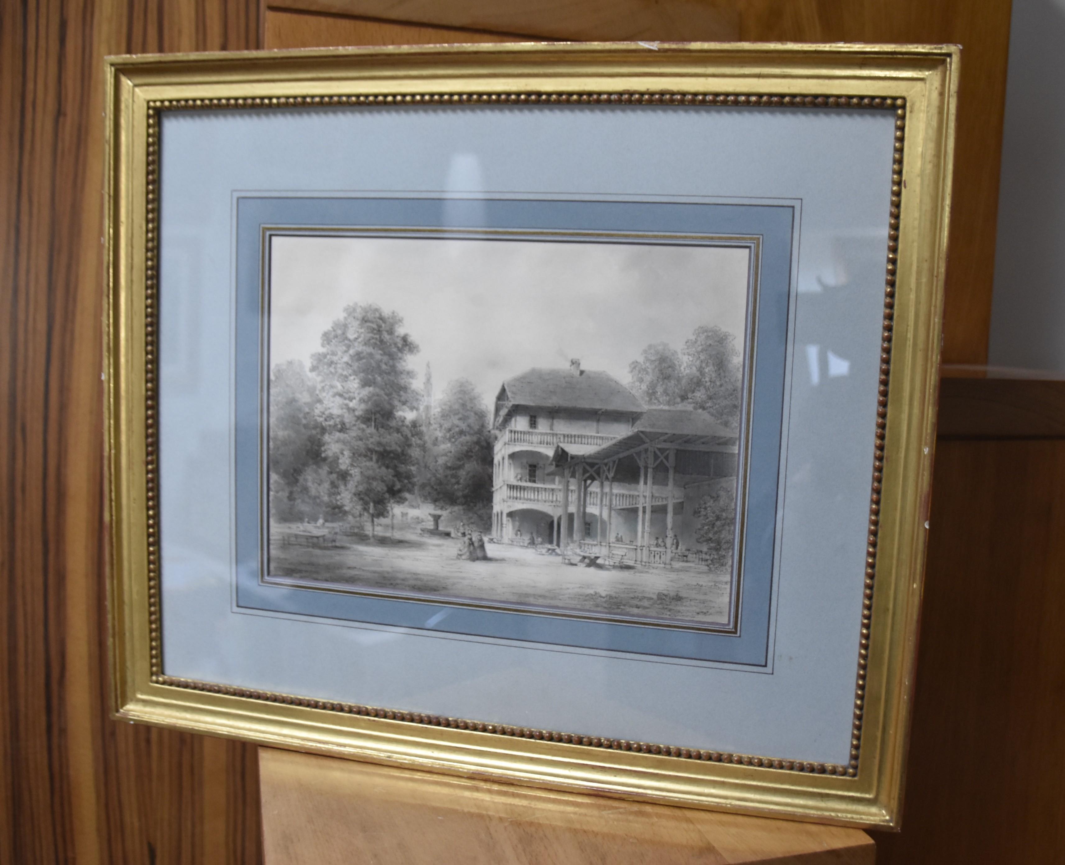 Romantische Schule des 19. Jahrhunderts, Ein Pavillon in einem Garten, Originalzeichnung im Angebot 7