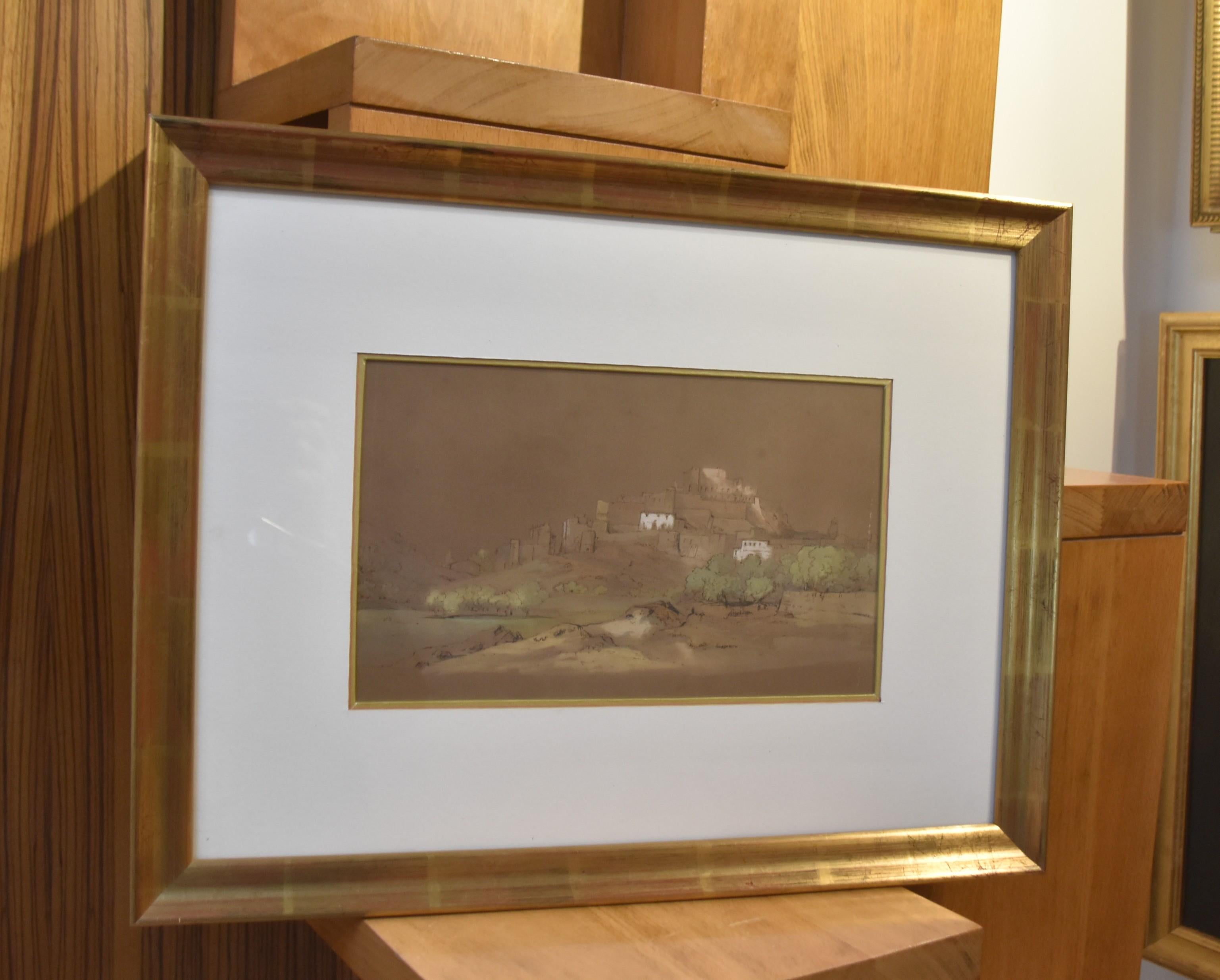 Escuela romántica francesa, siglo XIX
Vista de una ciudadela
Pluma y tinta, acuarela y realces de aguada blanca sobre papel marrón
18 x 29,5 cm
En buen estado, algunas manchas y restos de roces en el borde derecho (véanse las fotografías)
En un