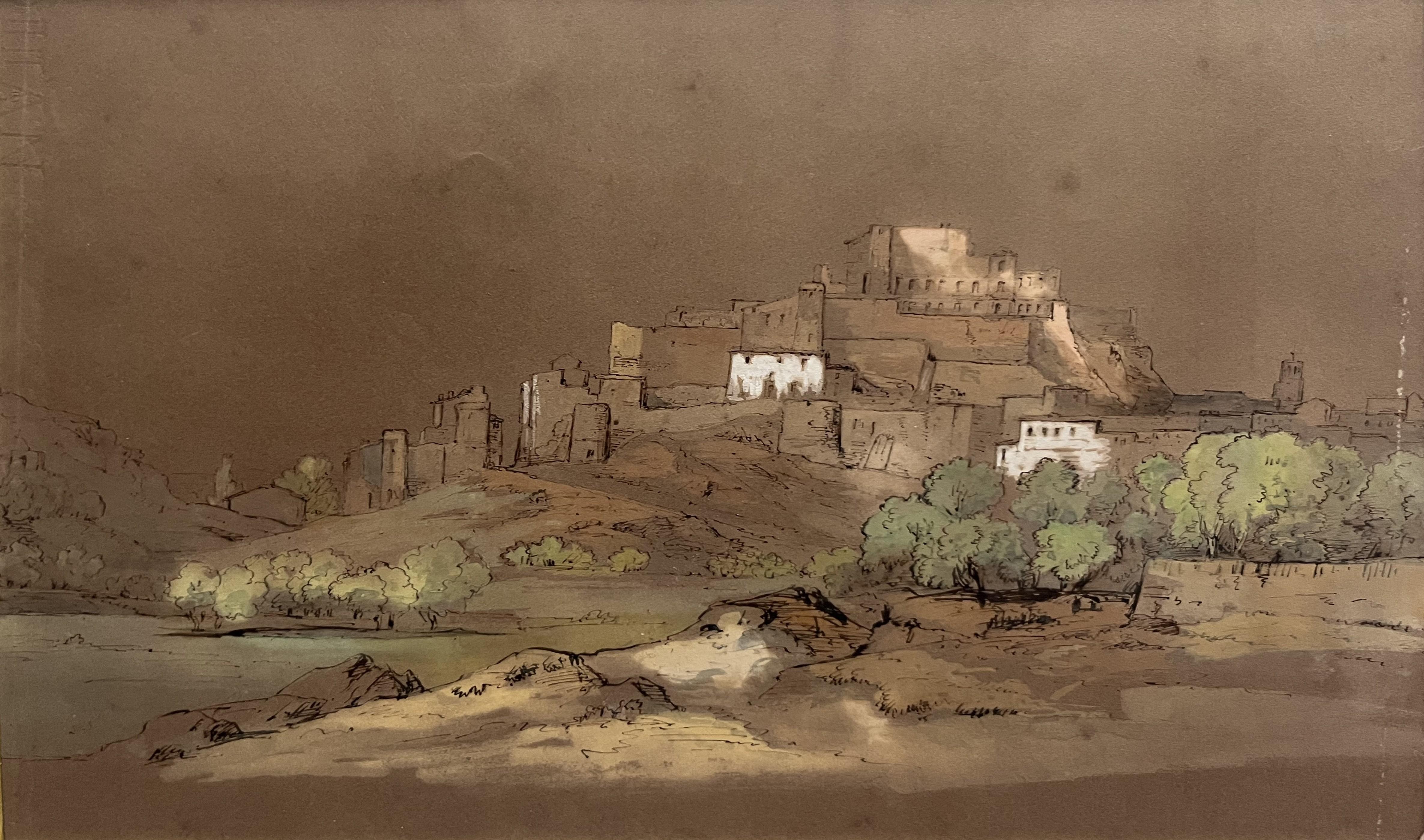 French Romantic school, View of a citadel, pen and watercolor