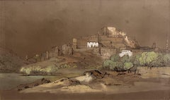 École romantique française, Vue d'une citadel, crayon et aquarelle