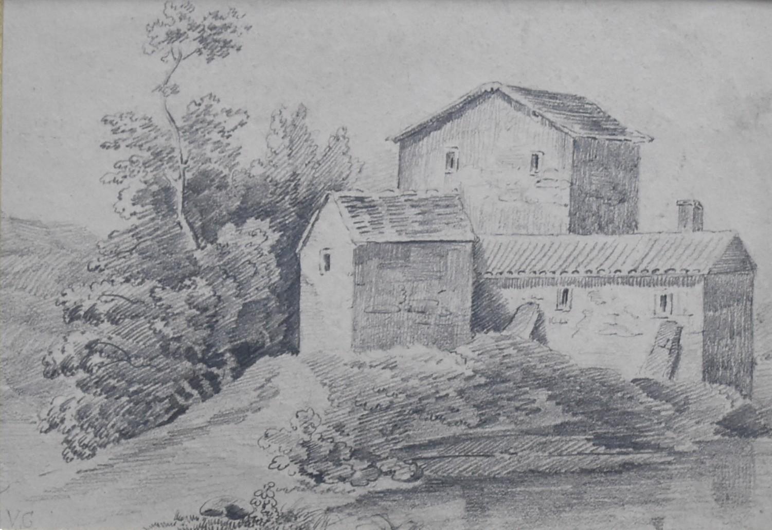 French school 19th Century, Landscape with a farm, drawing signed with monogram - Art by Unknown