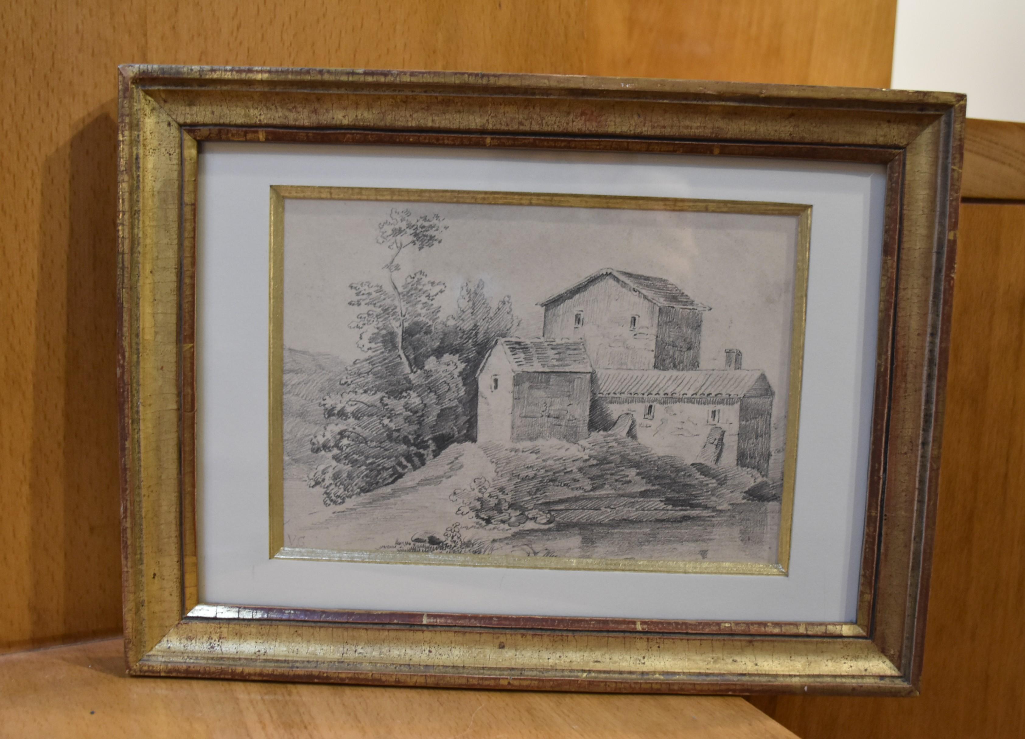 French school 19th Century, 
Landscape with a farm, 
pencil on paper 
signed with monogram 