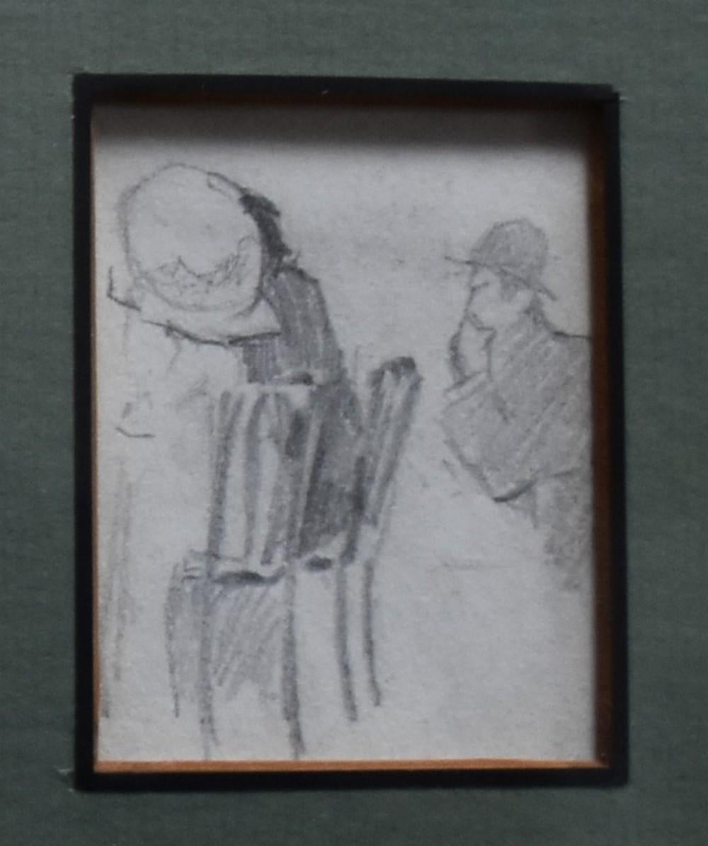 École française vers 1900
Études de personnages, quatre dessins dans un même cadre
Crayon sur papier 
Tailles des dessins  (de gauche à droite et de haut en bas)
Un couple à une table 6 x 5 cm
Une femme avec un grand chapeau : 7 x 4,3 cm
Un homme