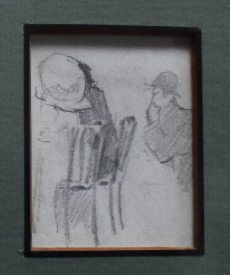French School circa 1900
Studies of characters, four drawings in a same frame
Pencil on paper 
Sizes of the drawings  (from left to right and from top to bottom)
A couple at a table 6 x 5 cm
A woman with a large hat : 7 x 4.3 cm
A man spying a