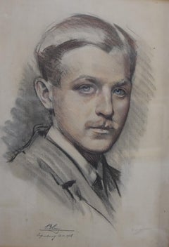 Antique Portrait of young man with blue eyes, Luxembourg  1918, signed drawing