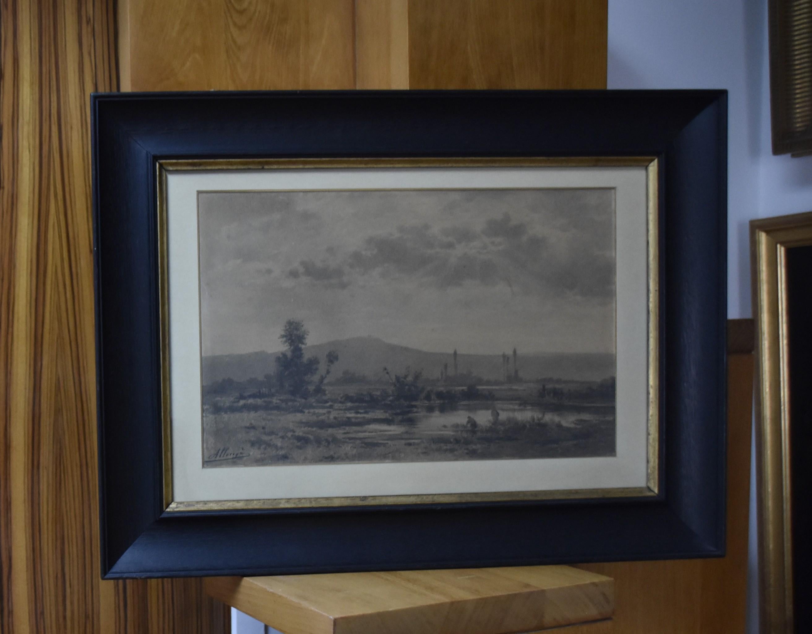 Auguste Allongé (1833-1898)
A Landscape with a pond, 
signed lower left 
charcoal on paper
26 x 40.5 cm
In good condition
In a modern frame : 45 x 60.5 cm

This is a beautiful charcoal work very characteristic of the landscape art of Auguste
