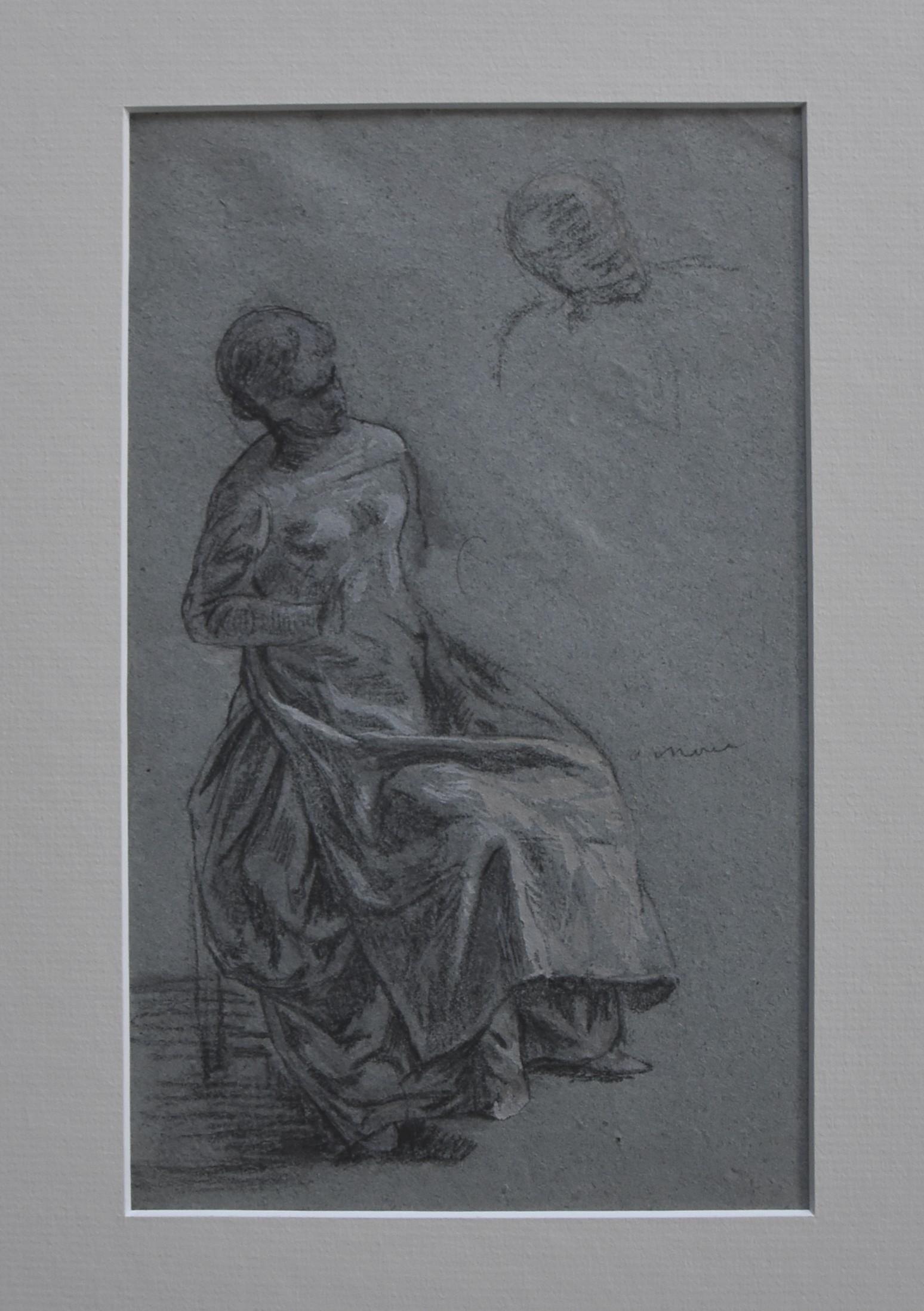 Zuschreibung an Eugene Deully (1866-1933) 
Eine sitzende Frau, Studie, 
Bleistift und weiße Gouache auf blaugrauem Papier;
23 x 14,5 cm
Gerahmt (Schäden am Rahmen)  : 41.5 x 32,5 cm

Die Zuschreibung an Eugene Deully ist auf der Rückseite des