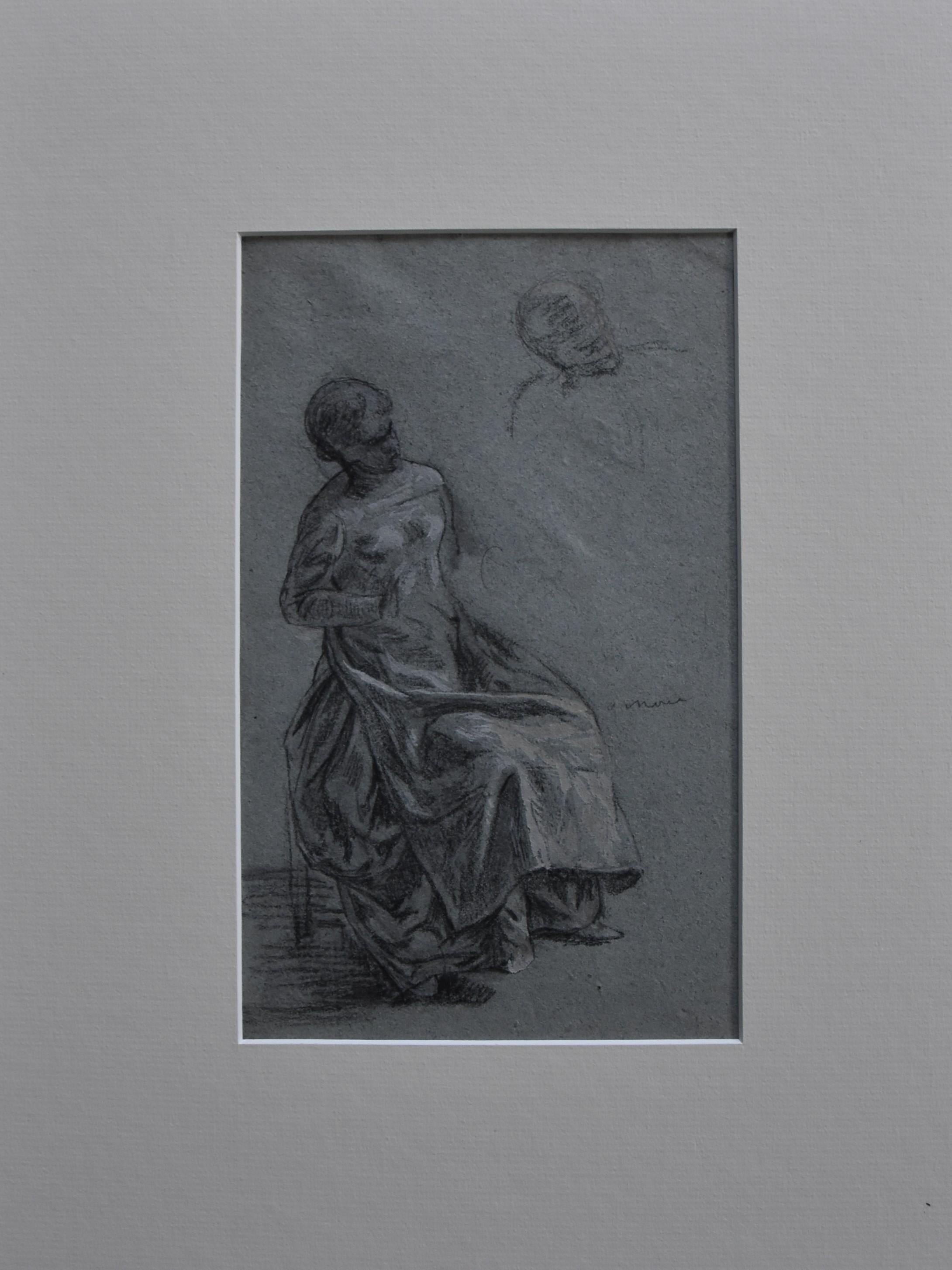 Attributed to Eugene Deully (1866-1933) 
A sitting woman, study, 
Pencil and heightenings of white gouache on blue grey paper;
23 x 14.5 cm
Framed (damages to the frame)  : 41.5 x 32.5 cm

The attribution to Eugene Deully is indicated on the verso