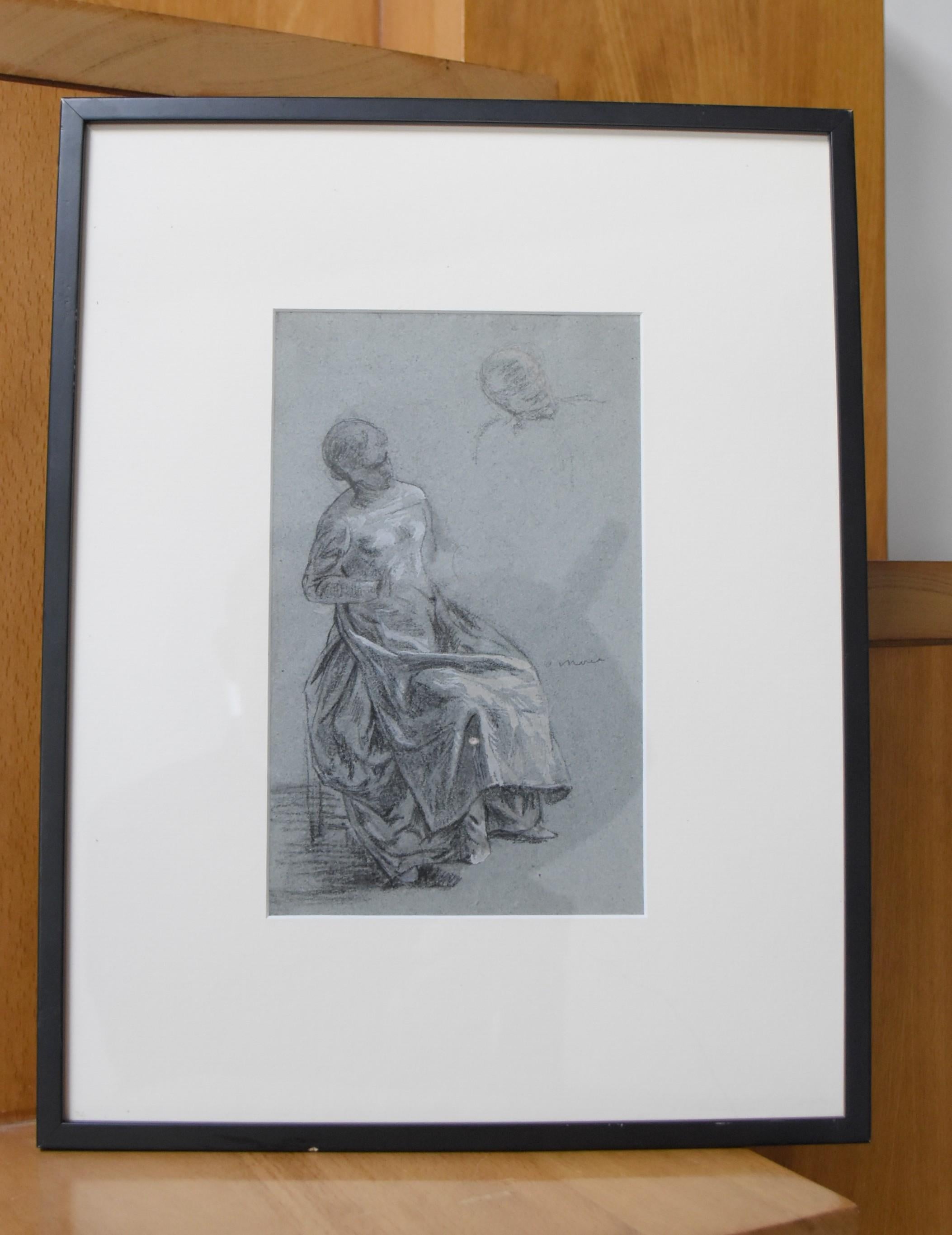 Attributed to Eugene Deully (1866-1933) A sitting woman, study, drawing For Sale 5