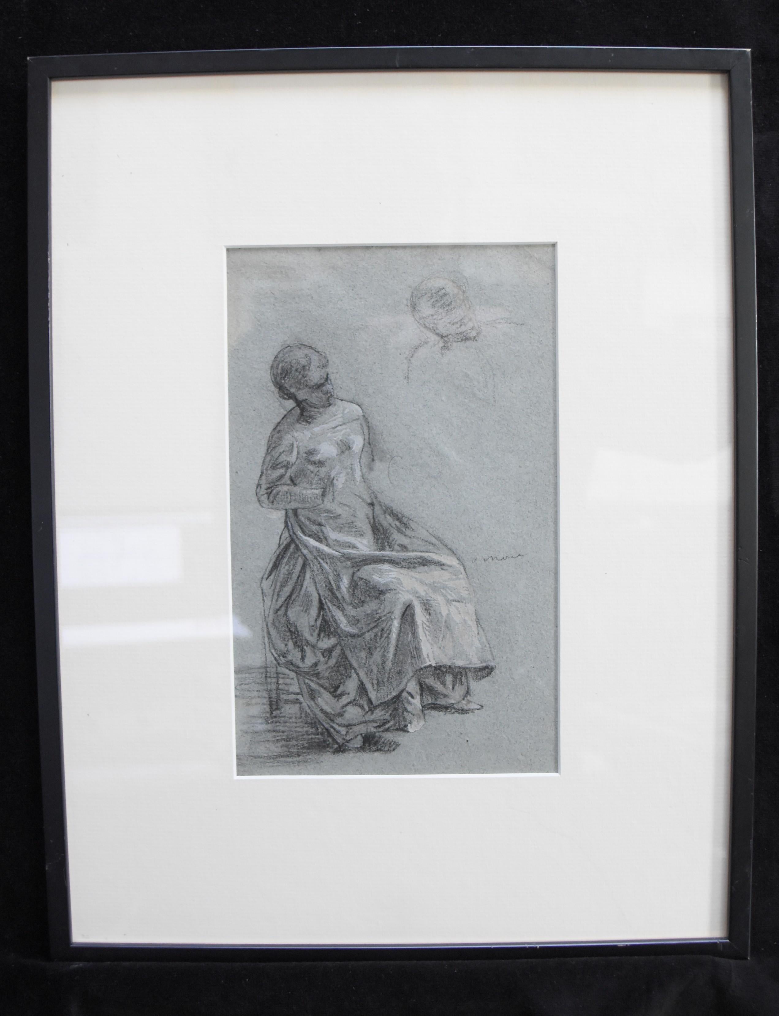 Attributed to Eugene Deully (1866-1933) A sitting woman, study, drawing For Sale 1