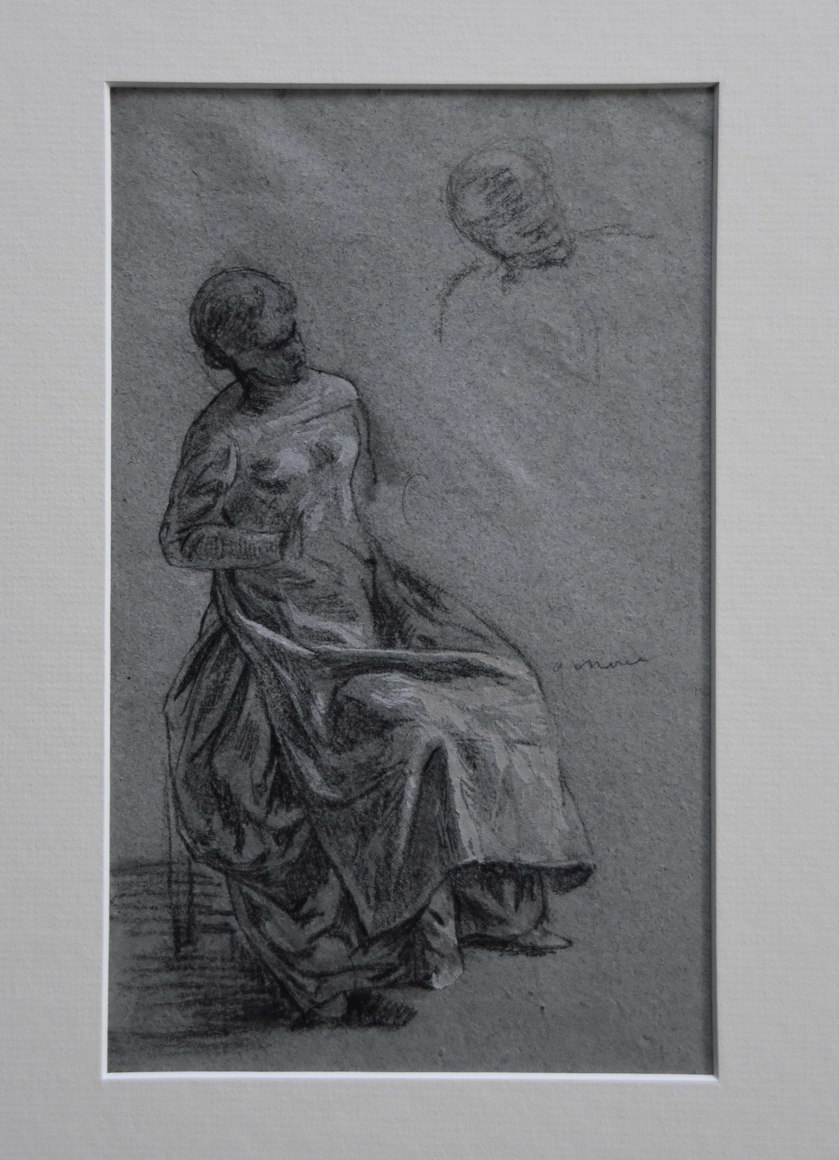 Attributed to Eugene Deully (1866-1933) A sitting woman, study, drawing For Sale 3