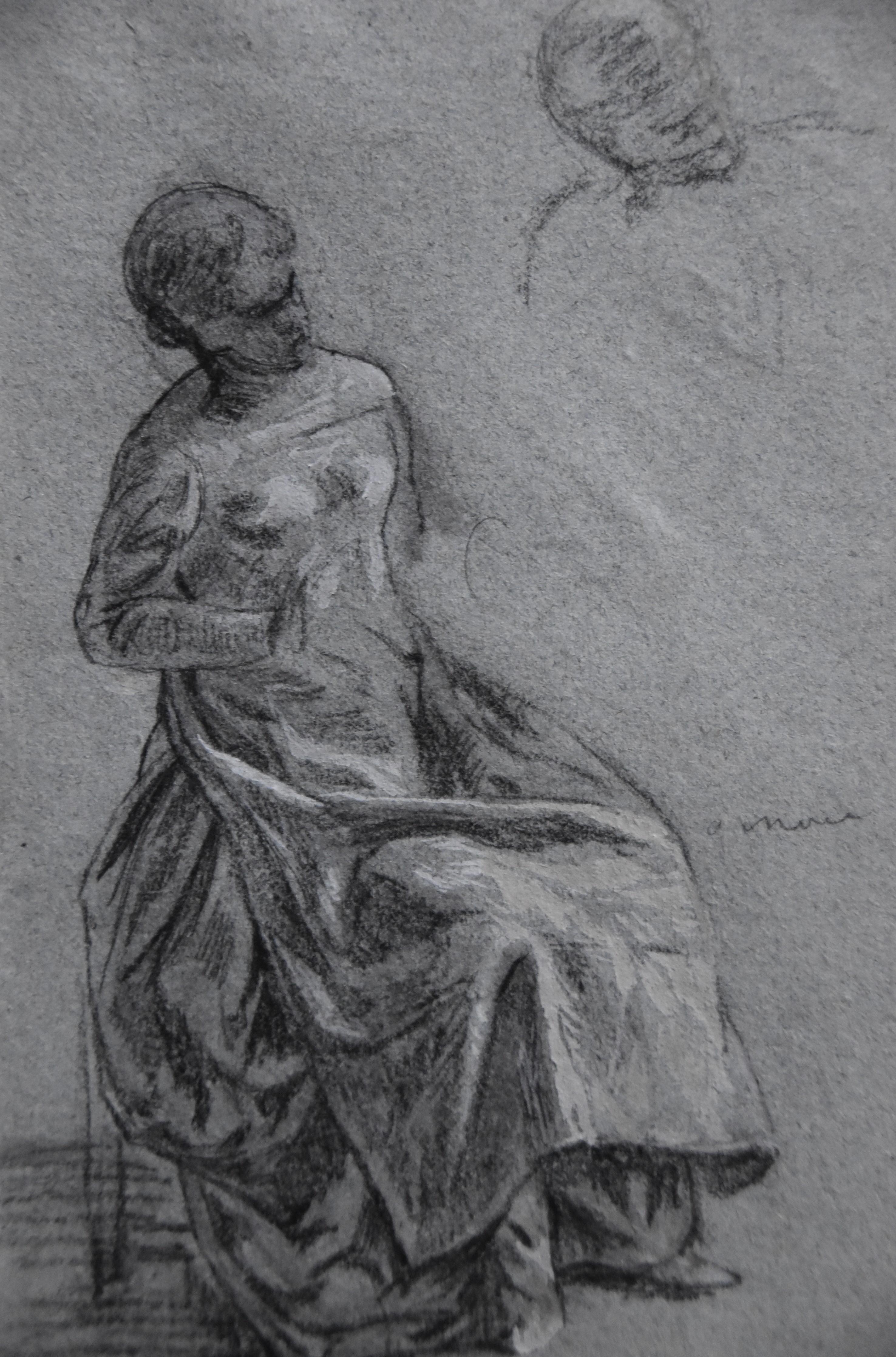 Attributed to Eugene Deully (1866-1933) A sitting woman, study, drawing For Sale 6