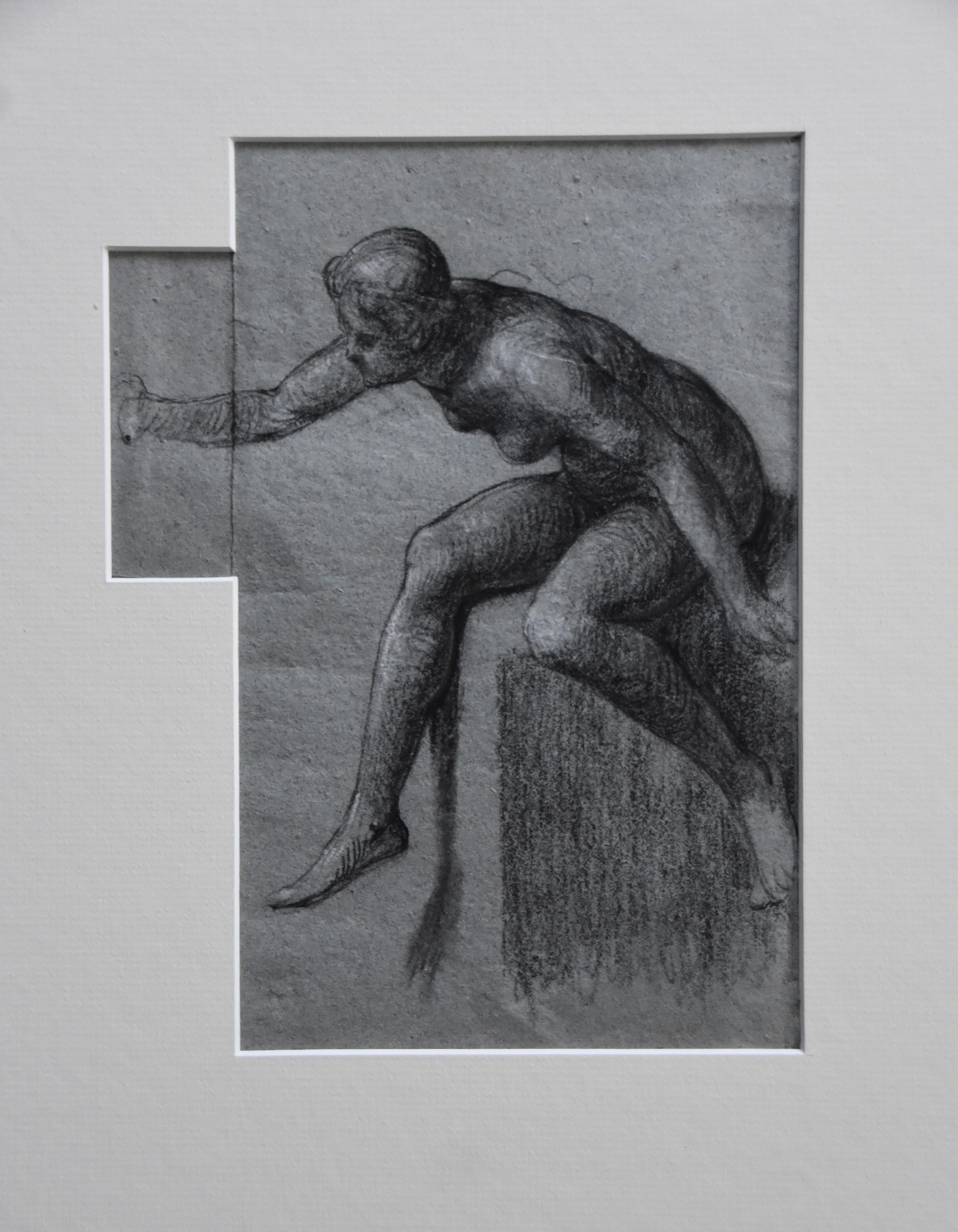 Attributed to Eugene Deully (1866-1933) 
A woman , study, 
Pencil and heightenings of white gouache on blue grey paper in two parts, the left part added
23 x 14.5 cm and 8 x 3 cm for the left part
Framed (damages to the frame)  :  41.5 x 32.5