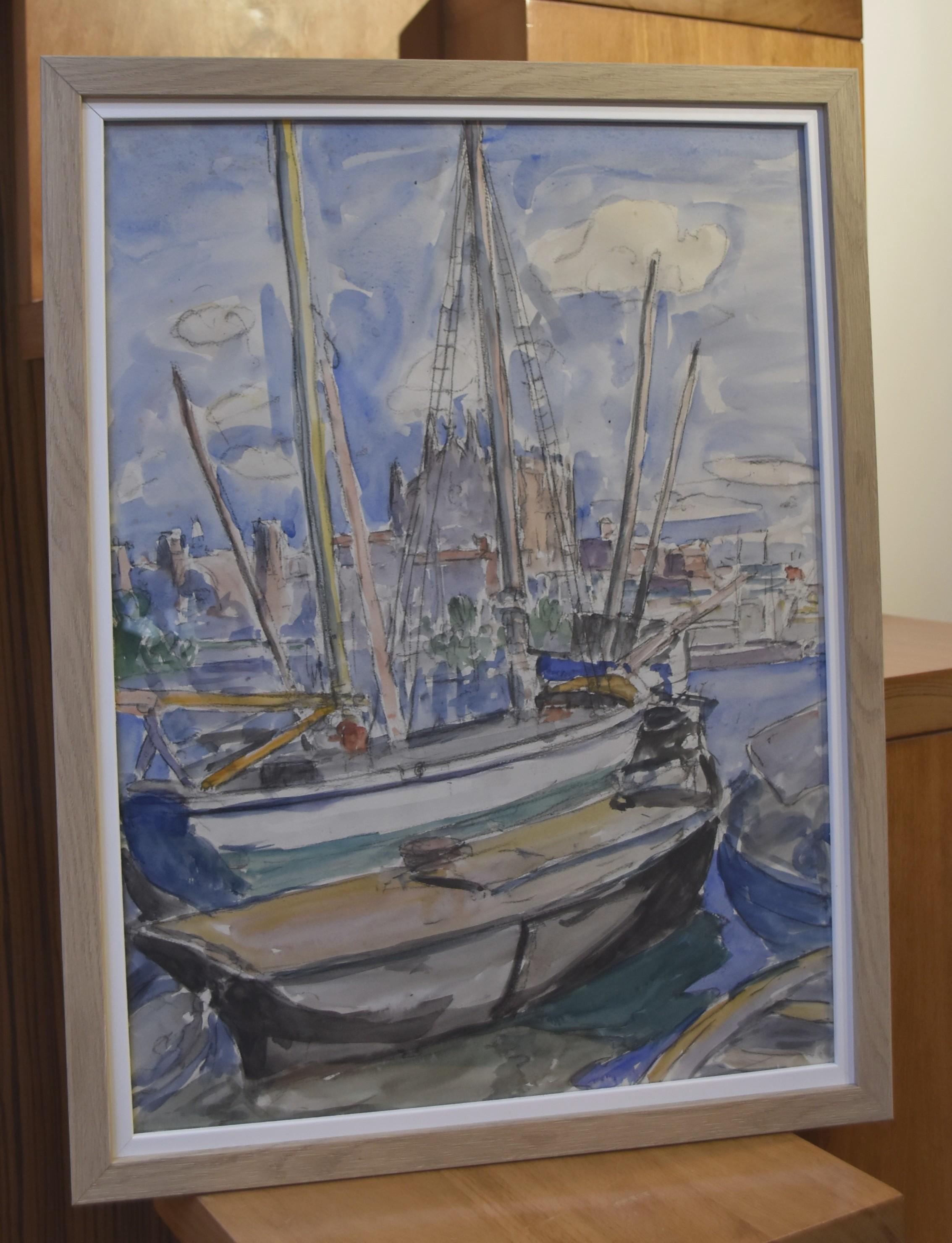 Modern school, Boats in Palma de Mallorca, watercolor For Sale 1