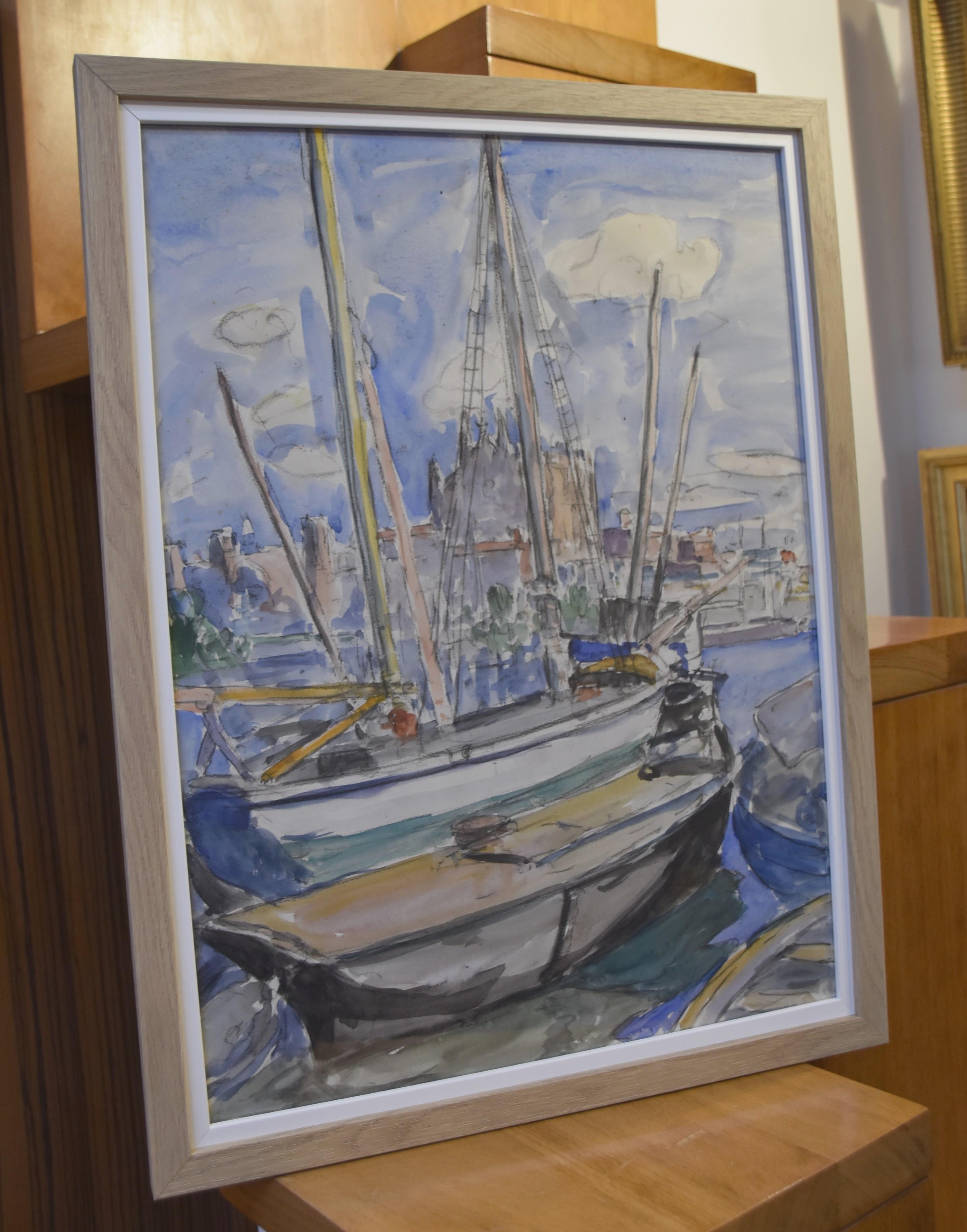 Modern School, Mid 20th century
Boats in Palma de Mallorca
Watercolor on paper
50 x 36.5 cm
Framed : 56.5 x 43 cm

The characteristic silhouette of the facade of the cathedral of Palma de Mallorca allows to identify at first glance, the port and to