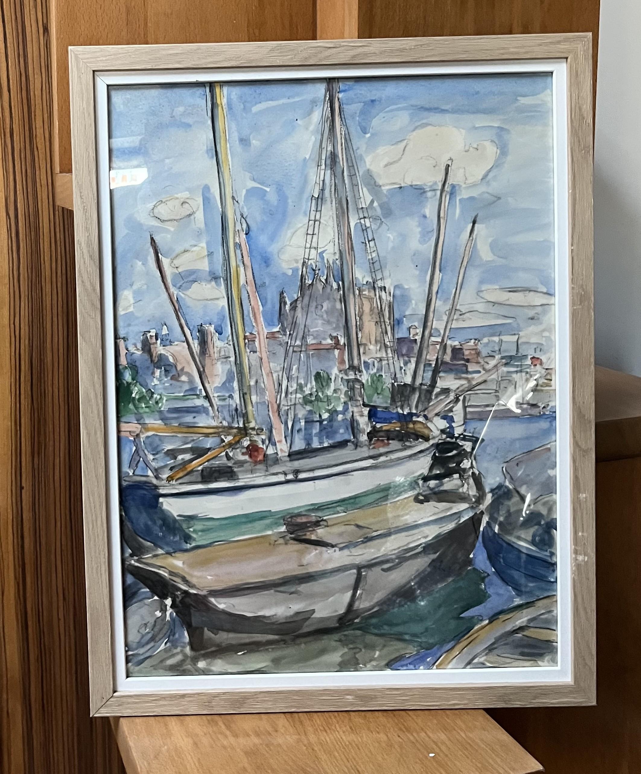 Escuela moderna, Barcos en Palma de Mallorca, acuarela en venta 1