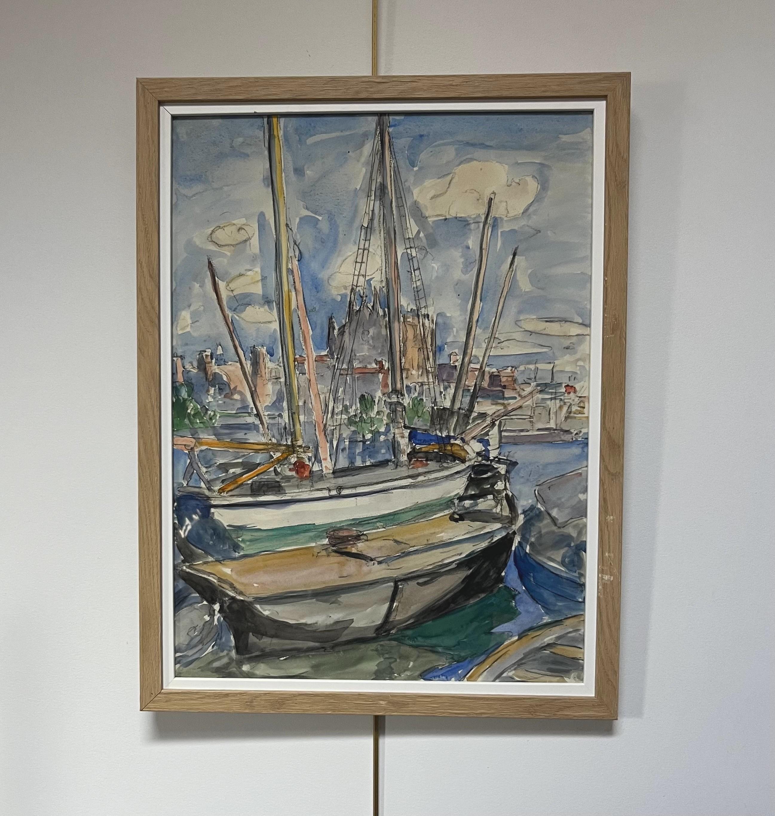 Escuela moderna, Barcos en Palma de Mallorca, acuarela - Landscape Art Gris de Unknown