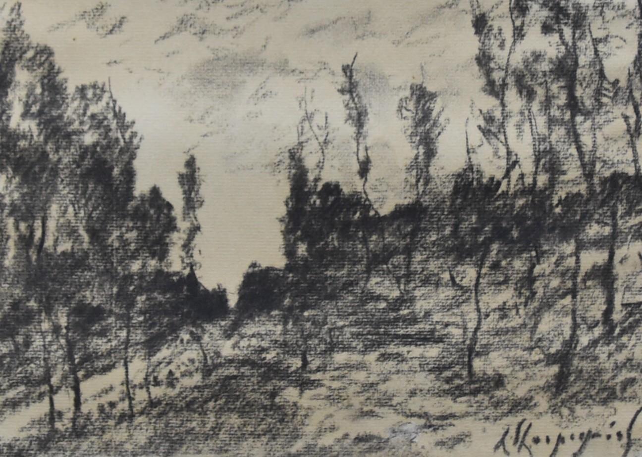 Henri Harpignies (1819-1916)
A forest landscape, 
signed lower right
charcoal on paper
21 x 27.5 cm
In good condition : slightly yellowed by time as it appeared when unframed, slightly undulating in the upper part
In a modern frame : 36.5 x 43