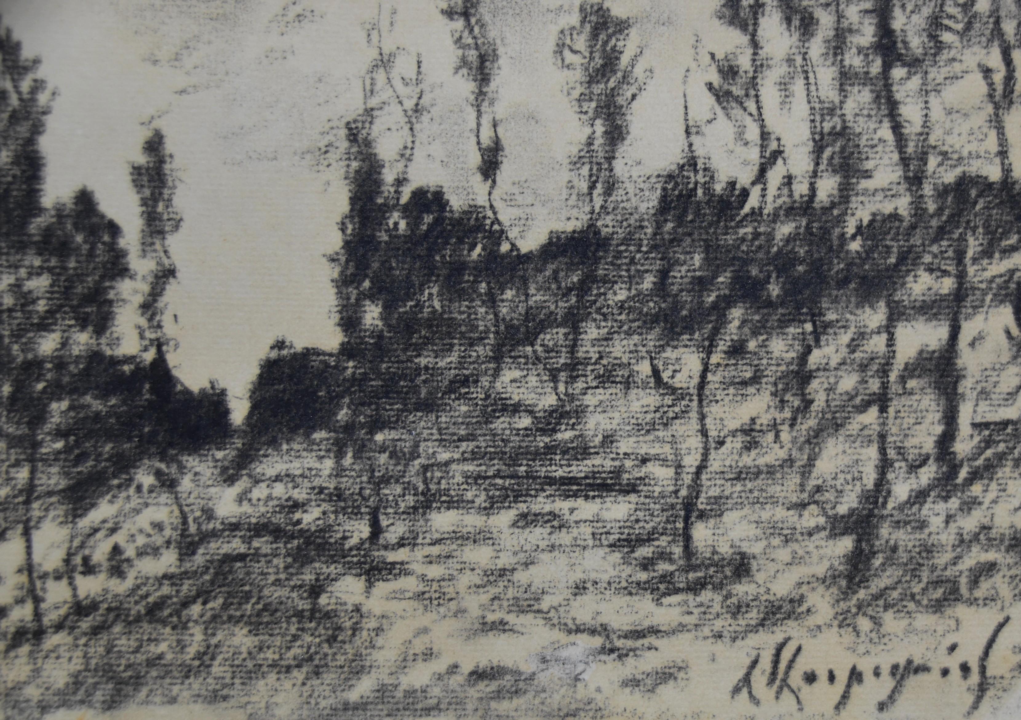 Henri Harpignies (1819-1916) Paysage de forêt, dessin signé - Gris Landscape Art par Henri Joseph Harpignies