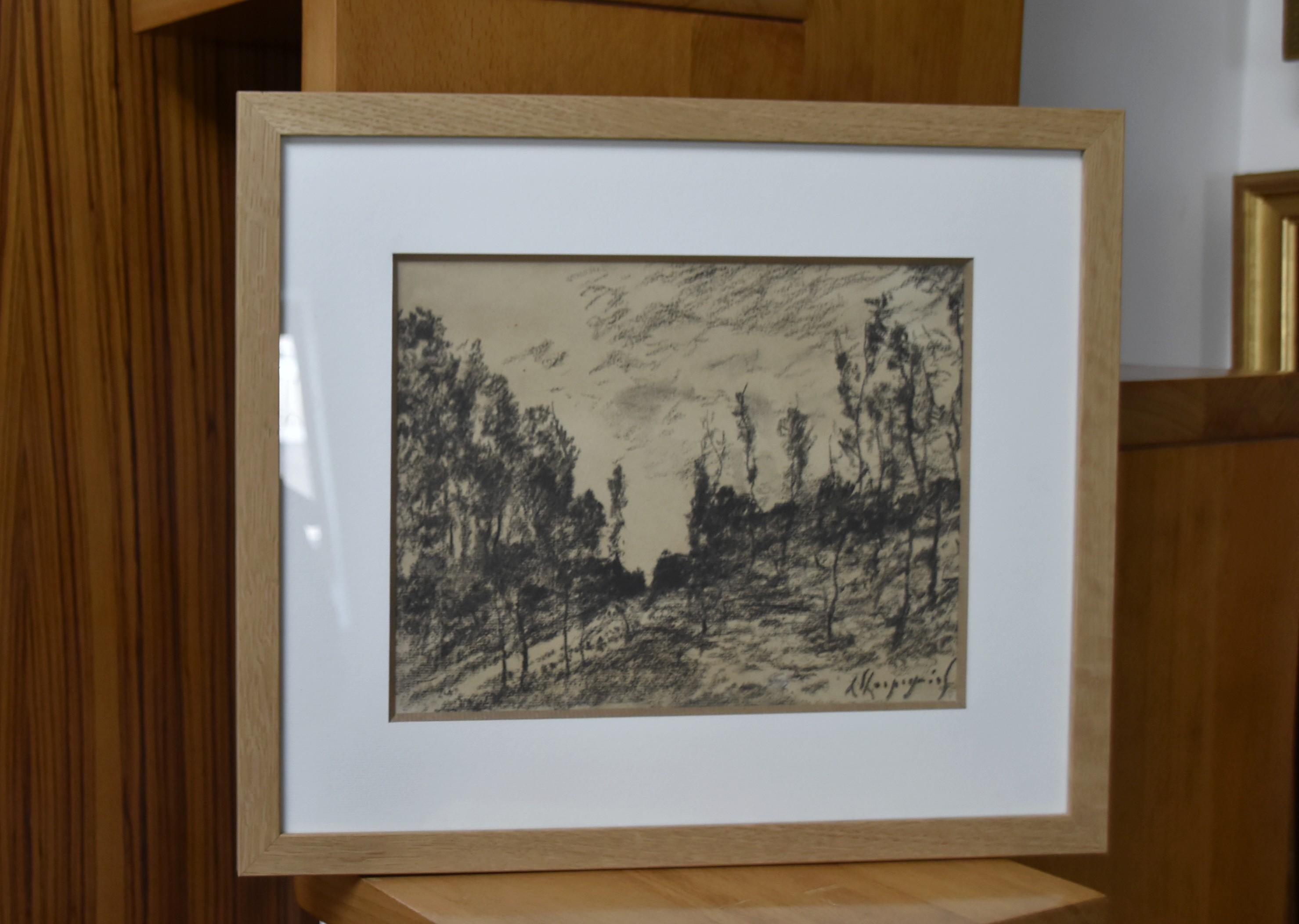 Henri Harpignies (1819-1916) Paysage de forêt, dessin signé 1